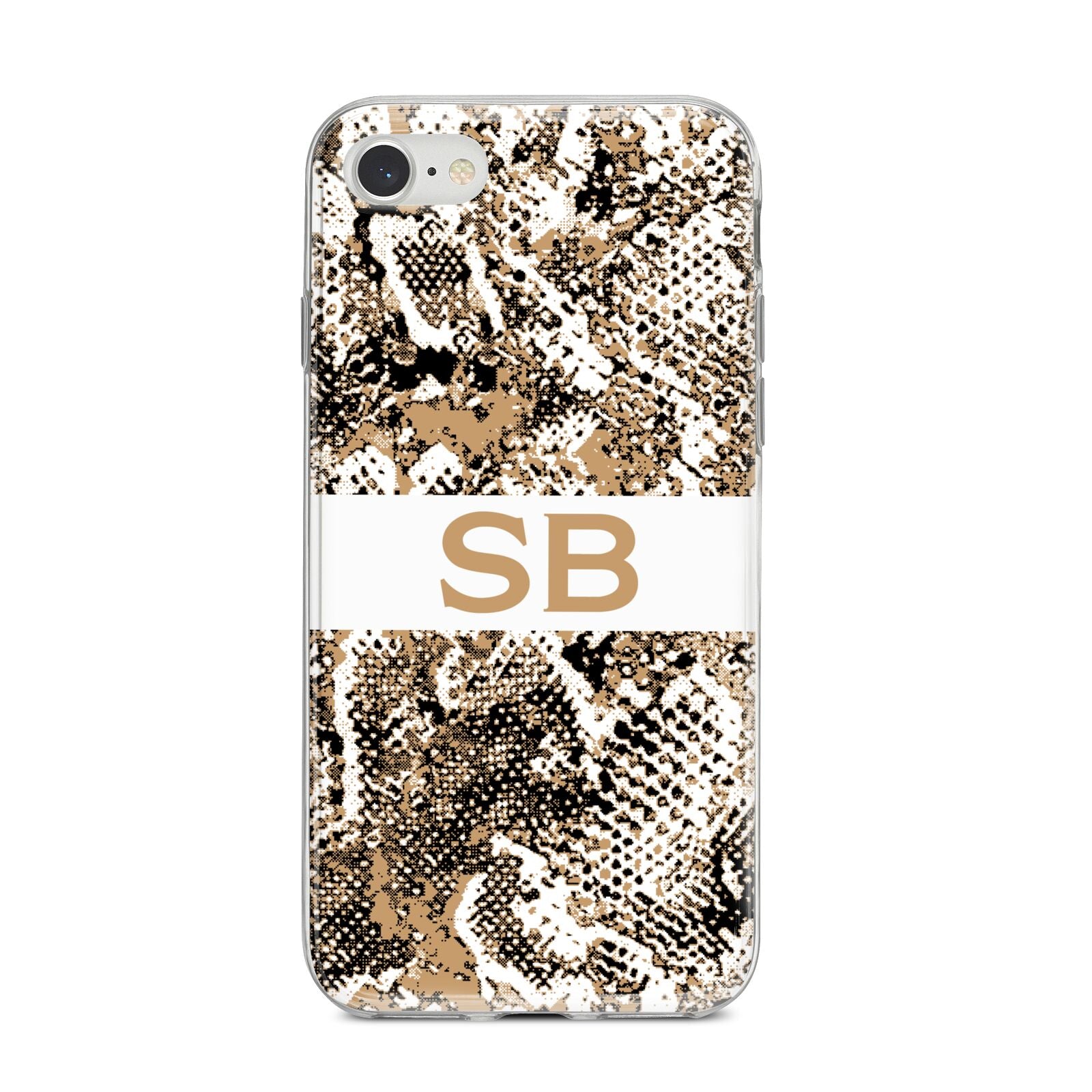 Custom Tan Snakeskin iPhone 8 Bumper Case on Silver iPhone