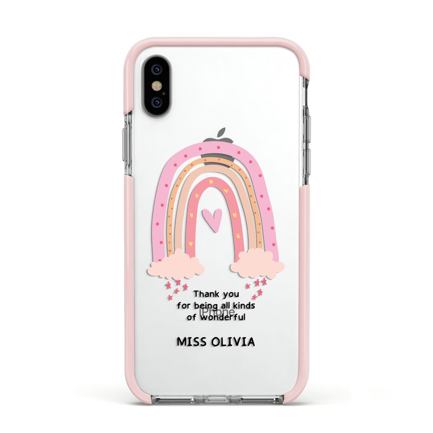 Custom Thank You Teacher Apple iPhone Xs Impact Case Pink Edge on Silver Phone