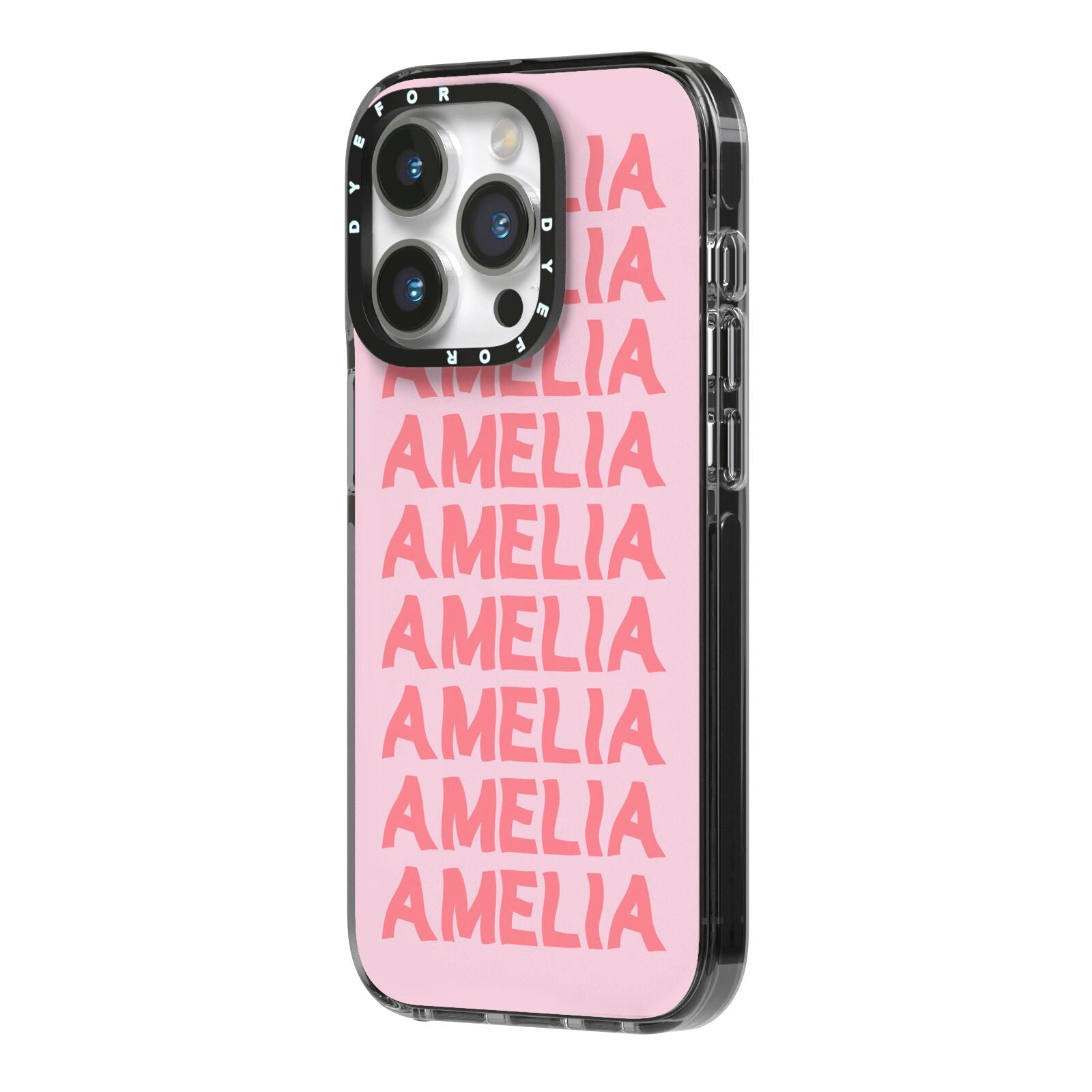 Custom Trippy Name iPhone 14 Pro Black Impact Case Side Angle on Silver phone