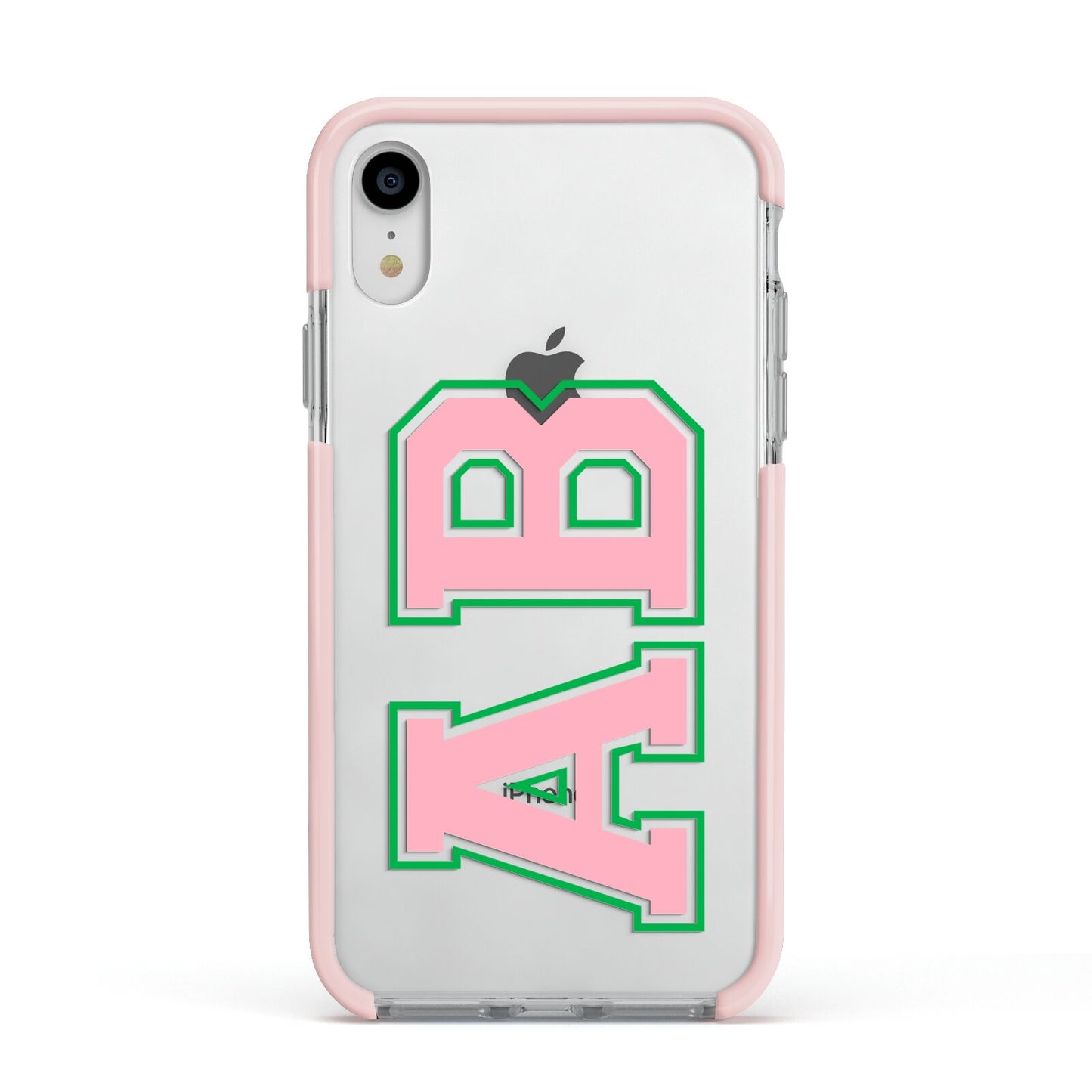 Custom Varsity Text Apple iPhone XR Impact Case Pink Edge on Silver Phone