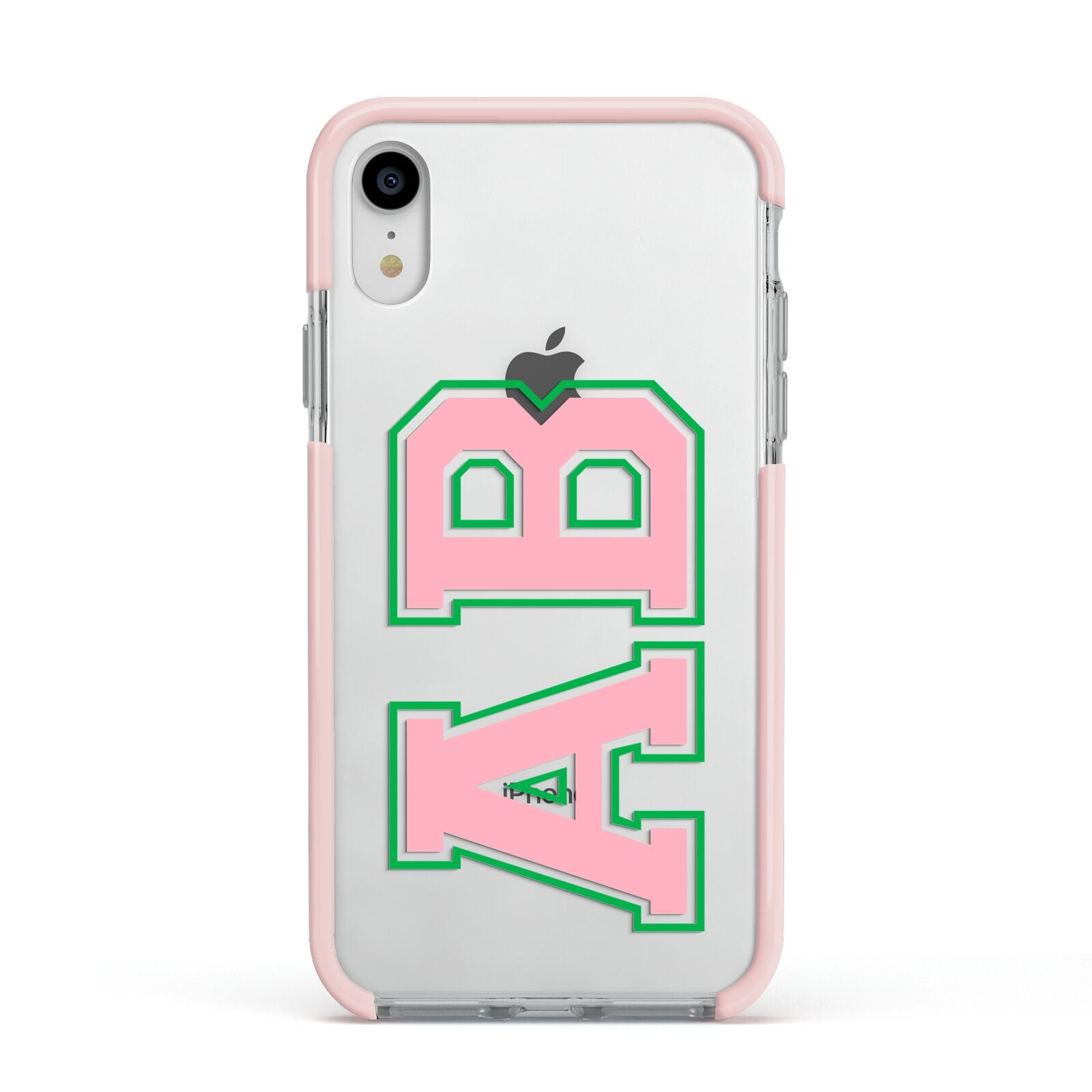 Custom Varsity Text Apple iPhone XR Impact Case Pink Edge on Silver Phone