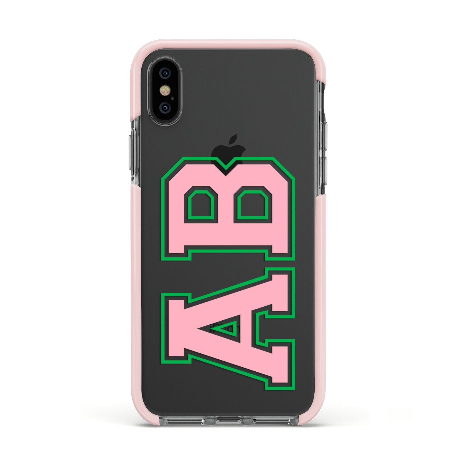 Custom Varsity Text Apple iPhone Xs Impact Case Pink Edge on Black Phone