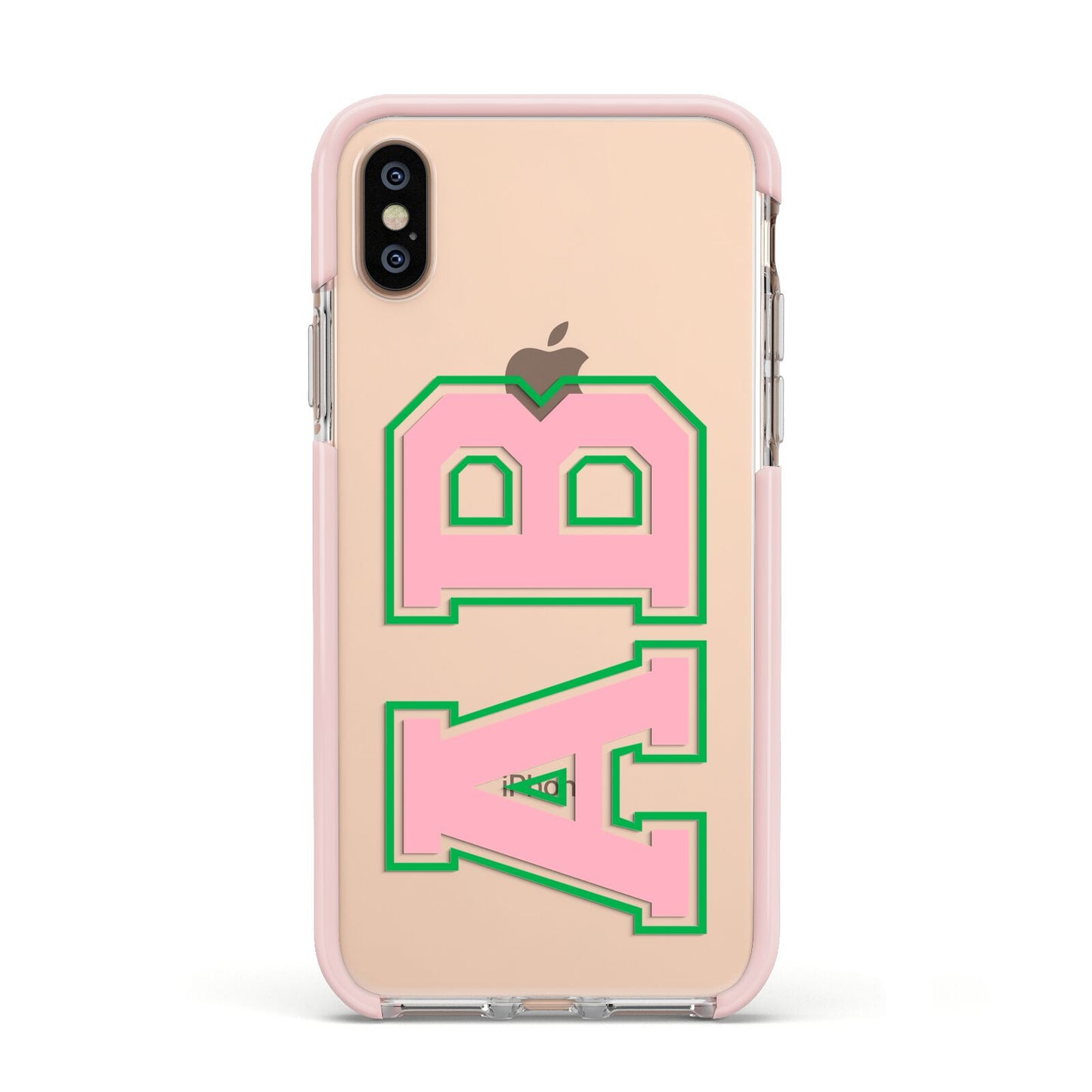 Custom Varsity Text Apple iPhone Xs Impact Case Pink Edge on Gold Phone