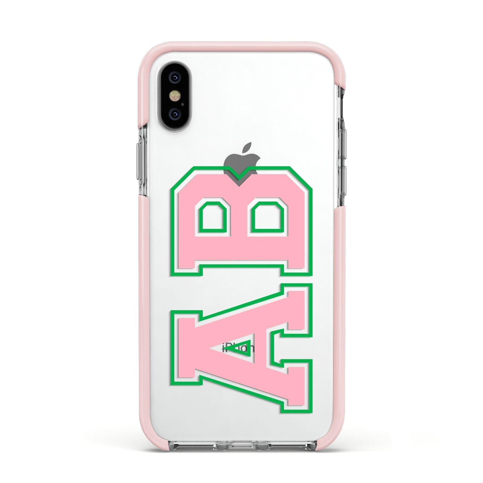 Custom Varsity Text Apple iPhone Xs Impact Case Pink Edge on Silver Phone