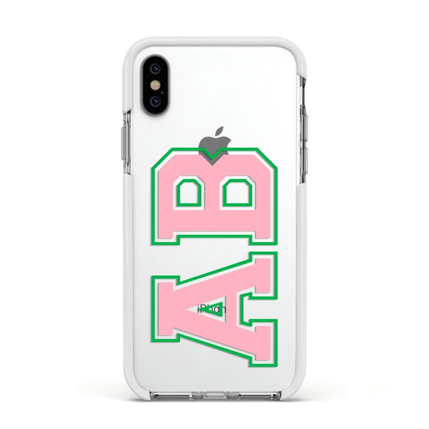 Custom Varsity Text Apple iPhone Xs Impact Case White Edge on Silver Phone