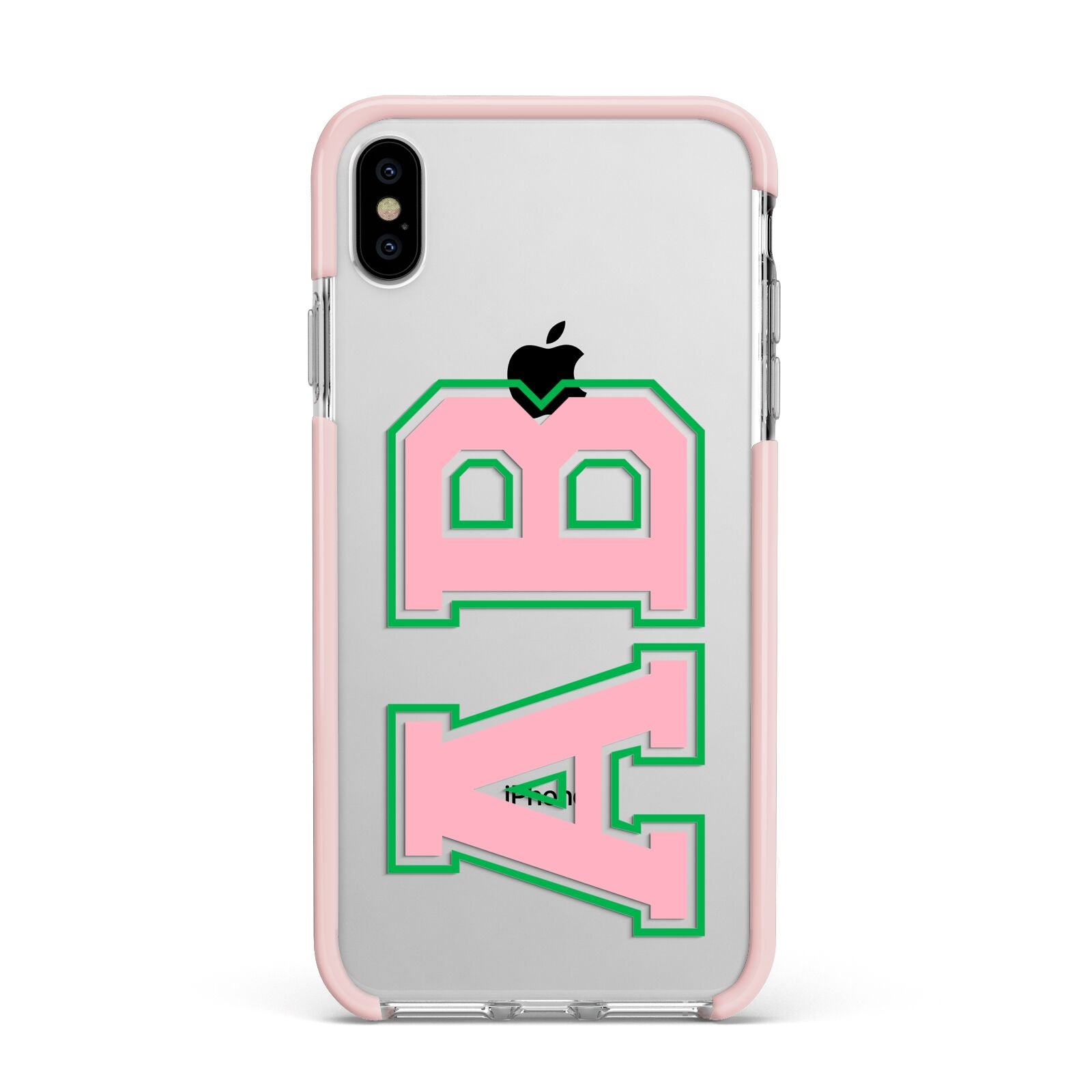 Custom Varsity Text Apple iPhone Xs Max Impact Case Pink Edge on Silver Phone