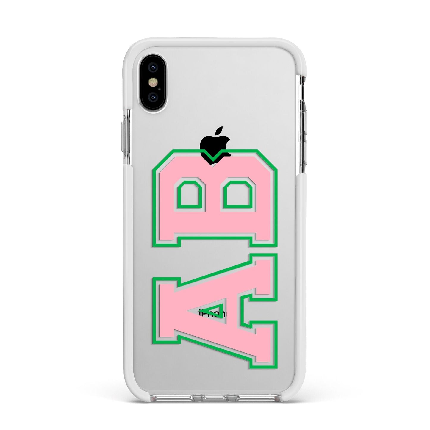 Custom Varsity Text Apple iPhone Xs Max Impact Case White Edge on Silver Phone