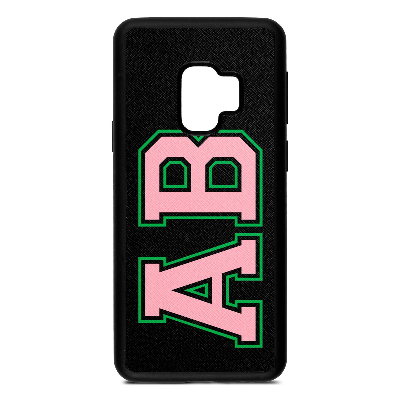 Custom Varsity Text Black Saffiano Leather Samsung S9 Case