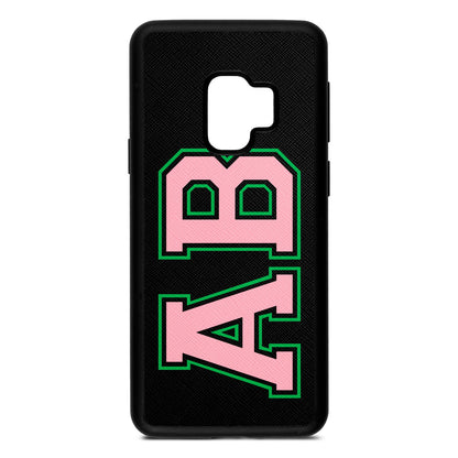 Custom Varsity Text Black Saffiano Leather Samsung S9 Case