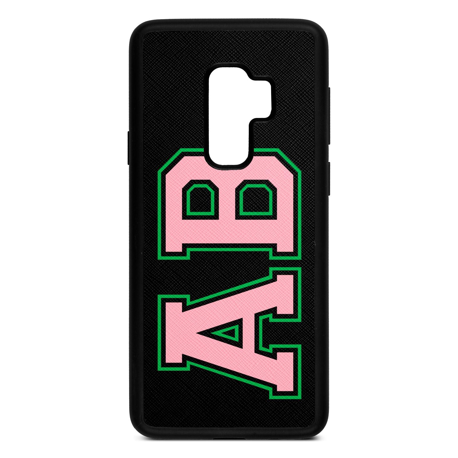 Custom Varsity Text Black Saffiano Leather Samsung S9 Plus Case