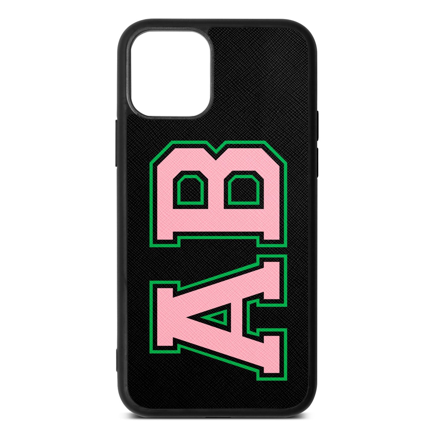 Custom Varsity Text Black Saffiano Leather iPhone 11 Case