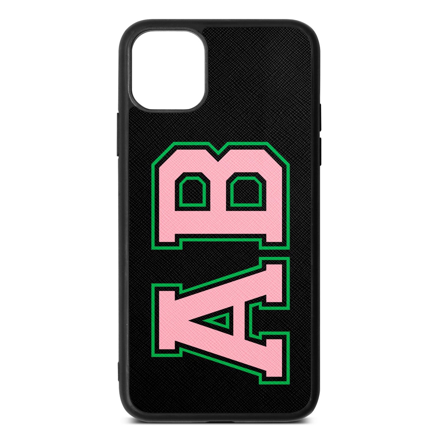 Custom Varsity Text Black Saffiano Leather iPhone 11 Pro Max Case