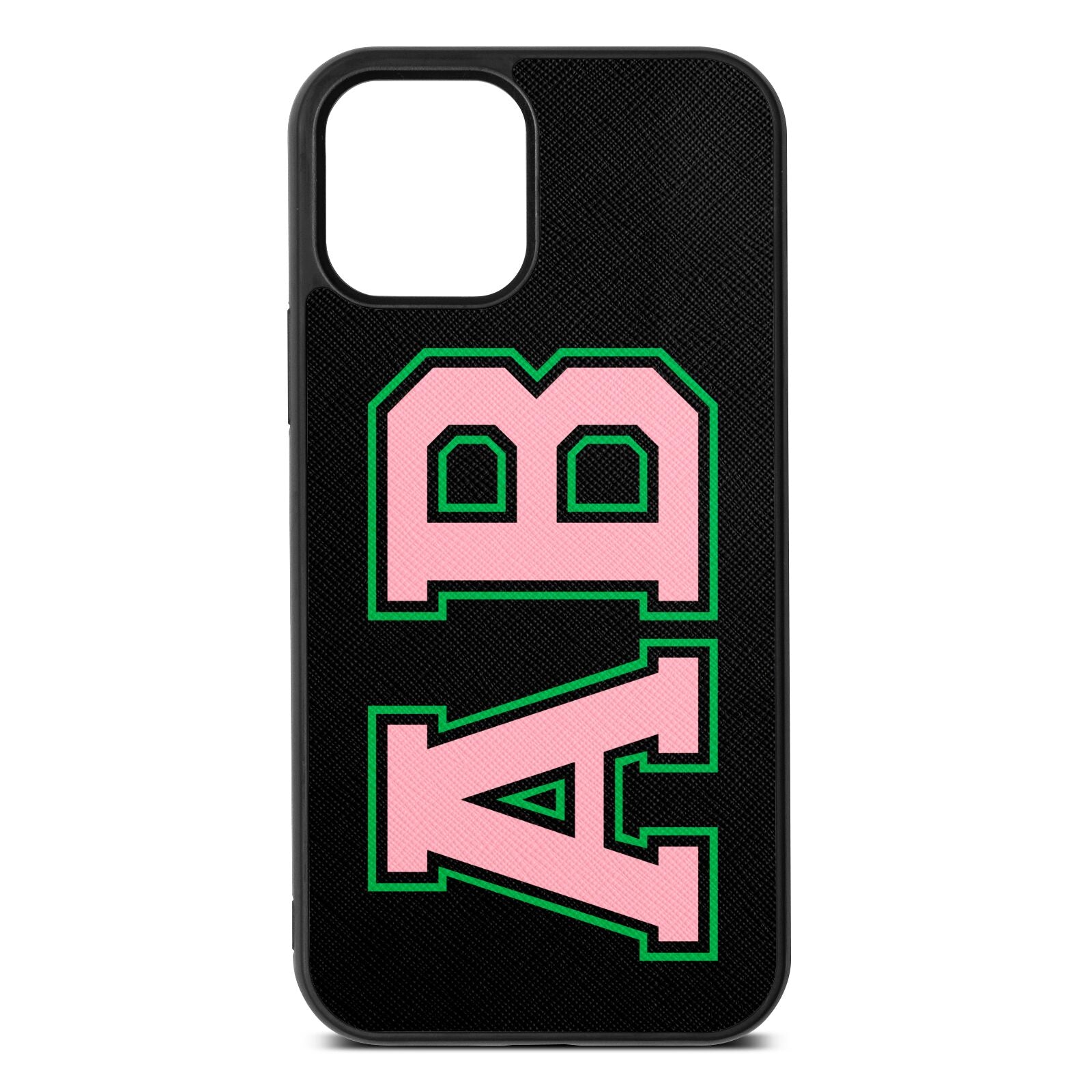 Custom Varsity Text Black Saffiano Leather iPhone 12 Case