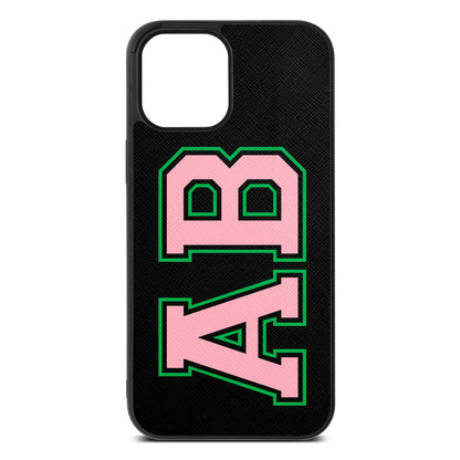 Custom Varsity Text Black Saffiano Leather iPhone 12 Pro Max Case