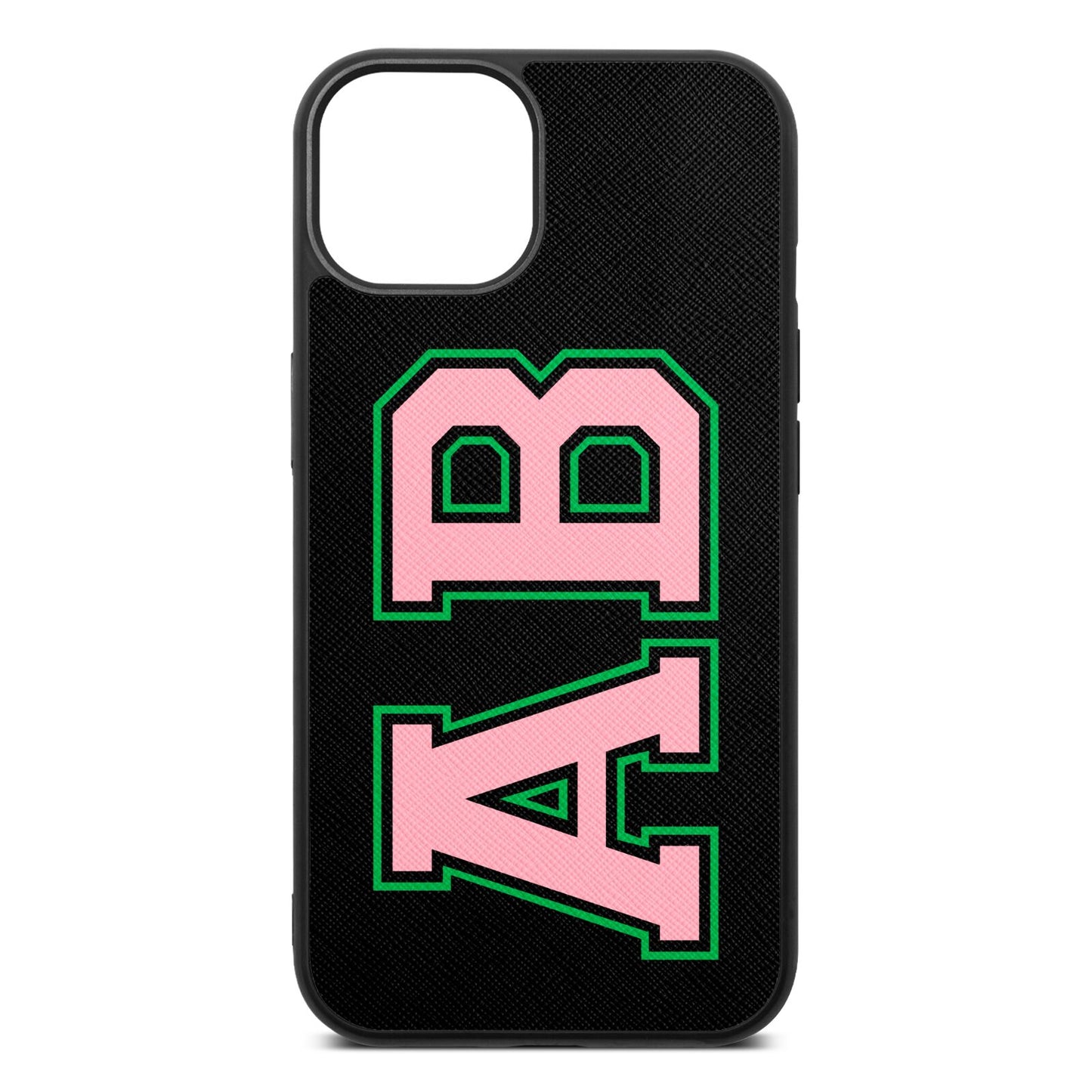 Custom Varsity Text Black Saffiano Leather iPhone 13 Case