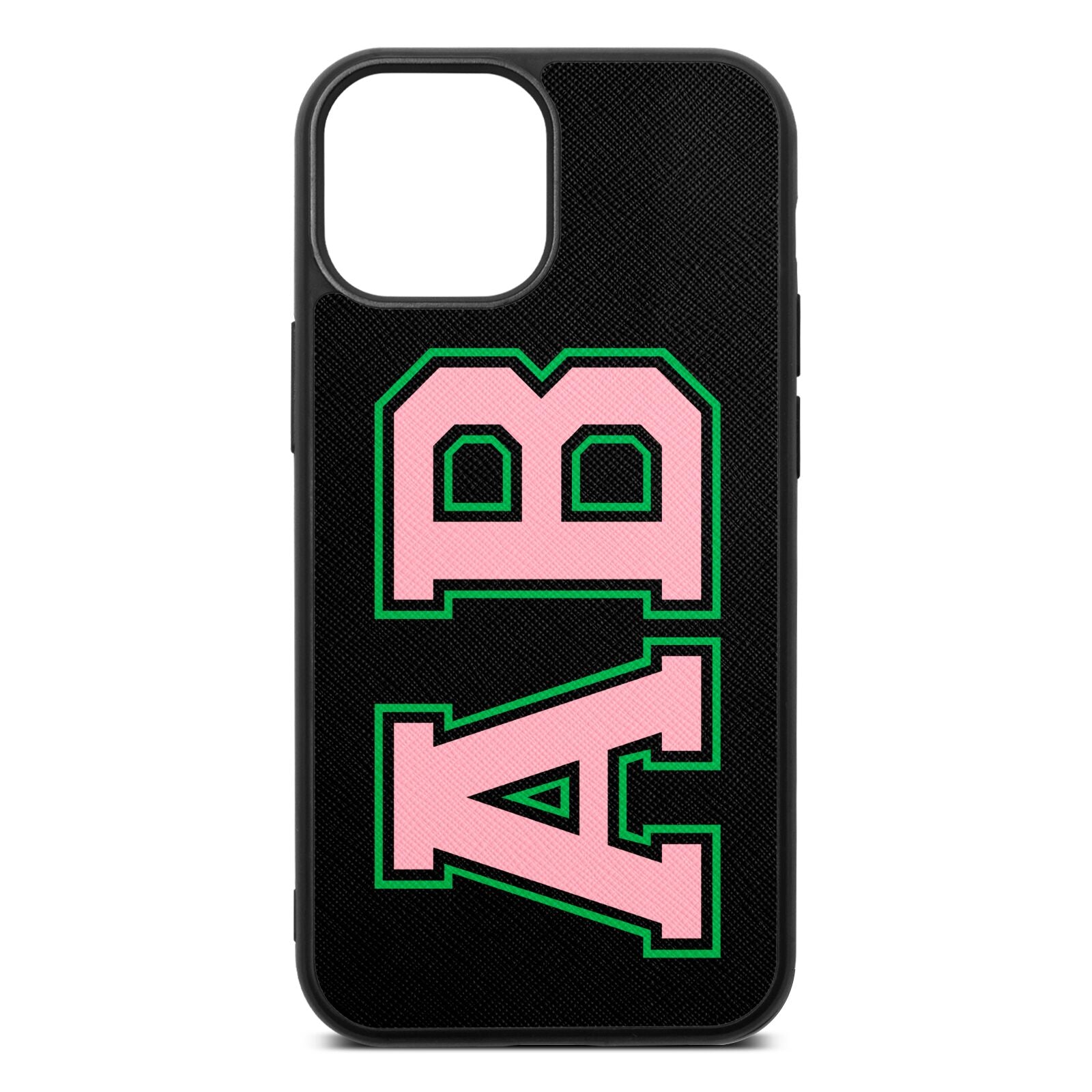 Custom Varsity Text Black Saffiano Leather iPhone 13 Mini Case