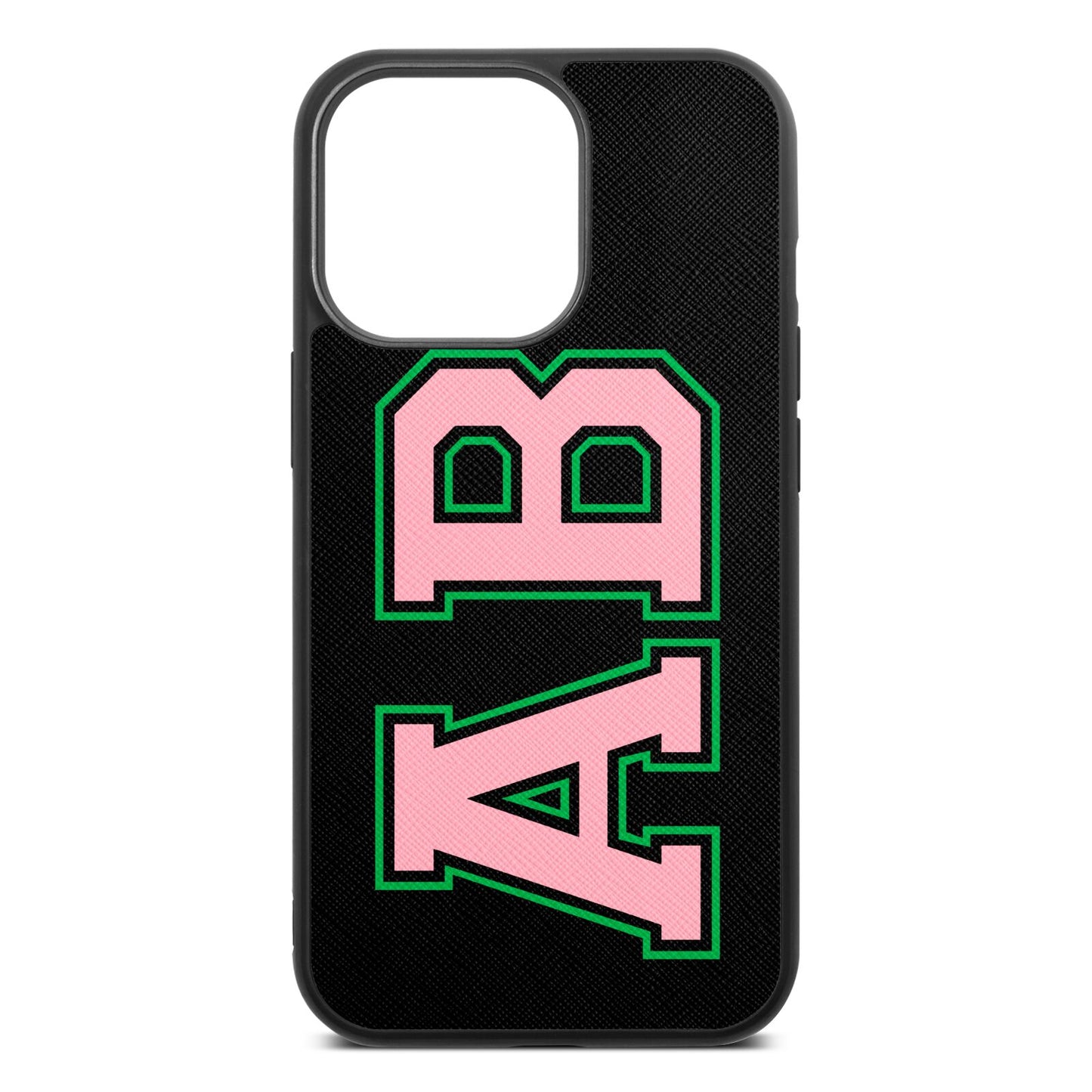 Custom Varsity Text Black Saffiano Leather iPhone 13 Pro Case