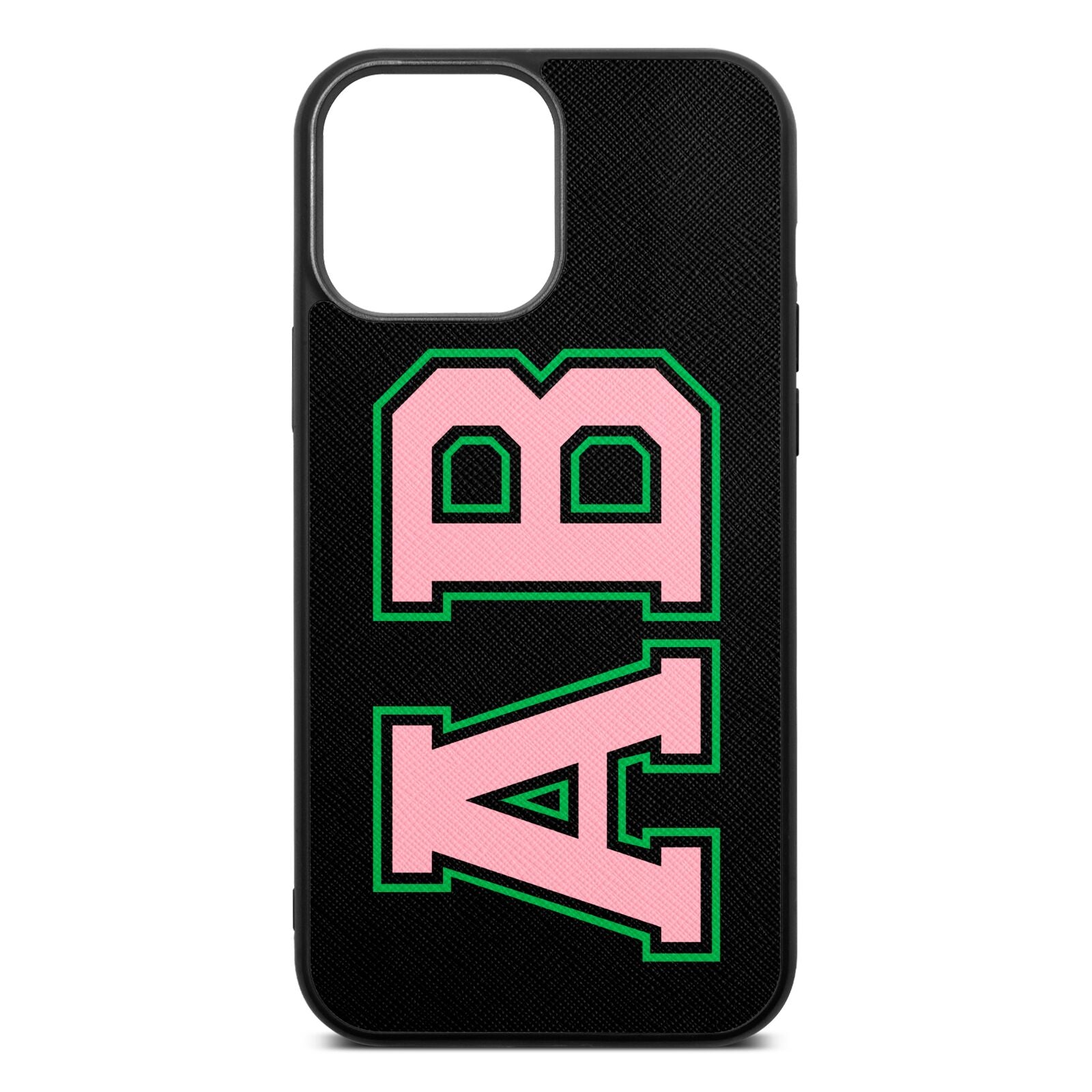 Custom Varsity Text Black Saffiano Leather iPhone 13 Pro Max Case