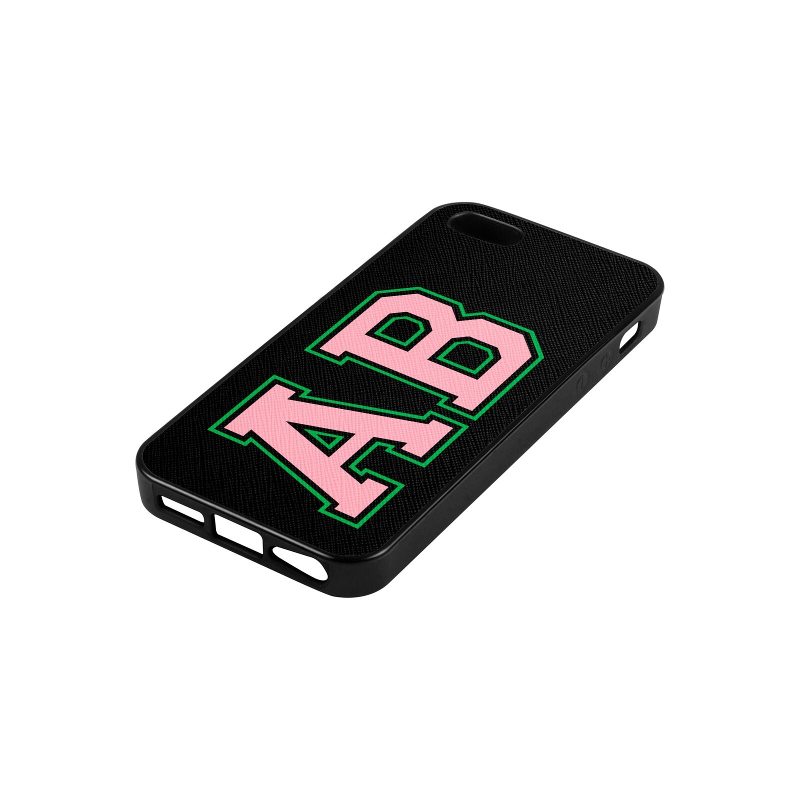 Custom Varsity Text Black Saffiano Leather iPhone 5 Case Side Angle