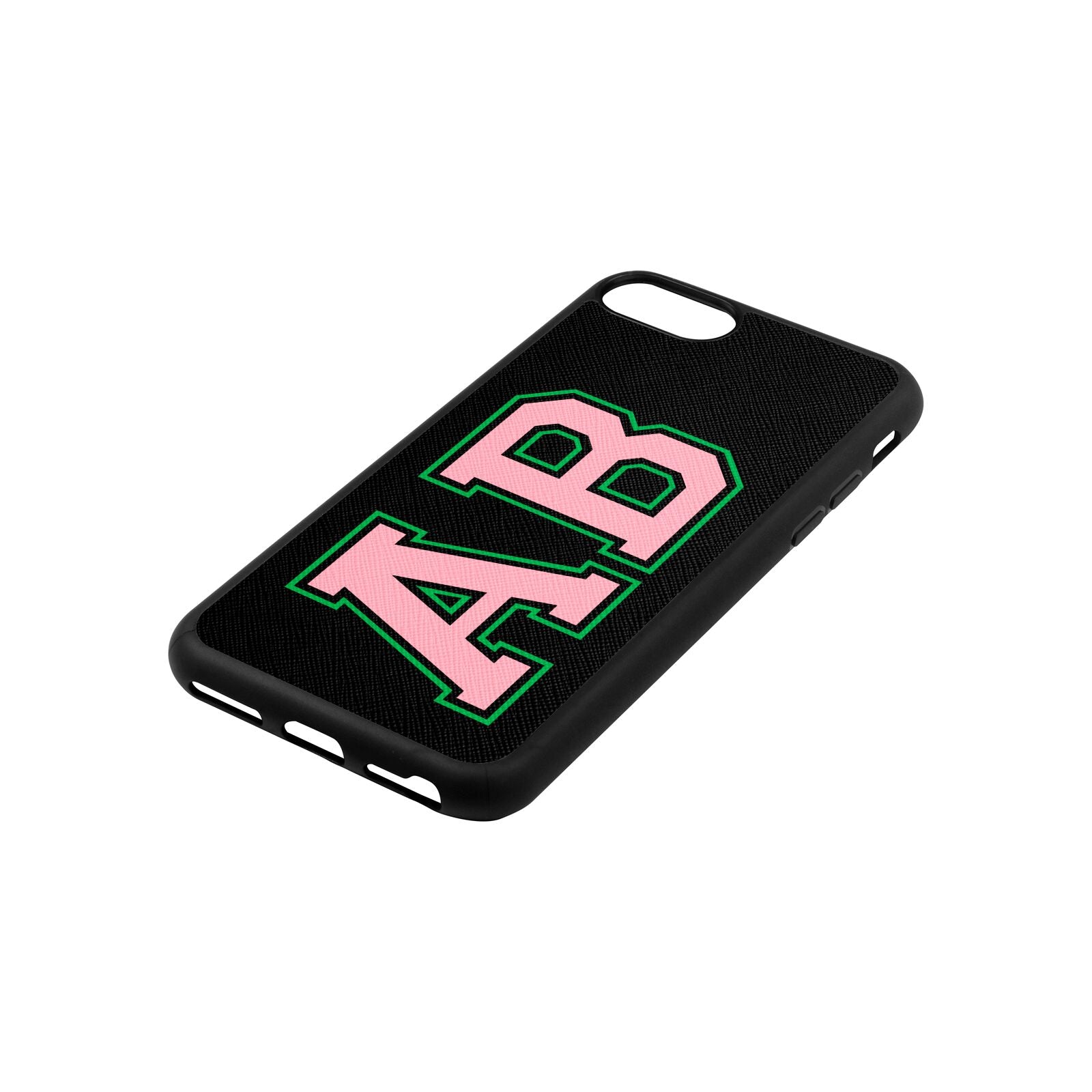 Custom Varsity Text Black Saffiano Leather iPhone 8 Case Side Angle