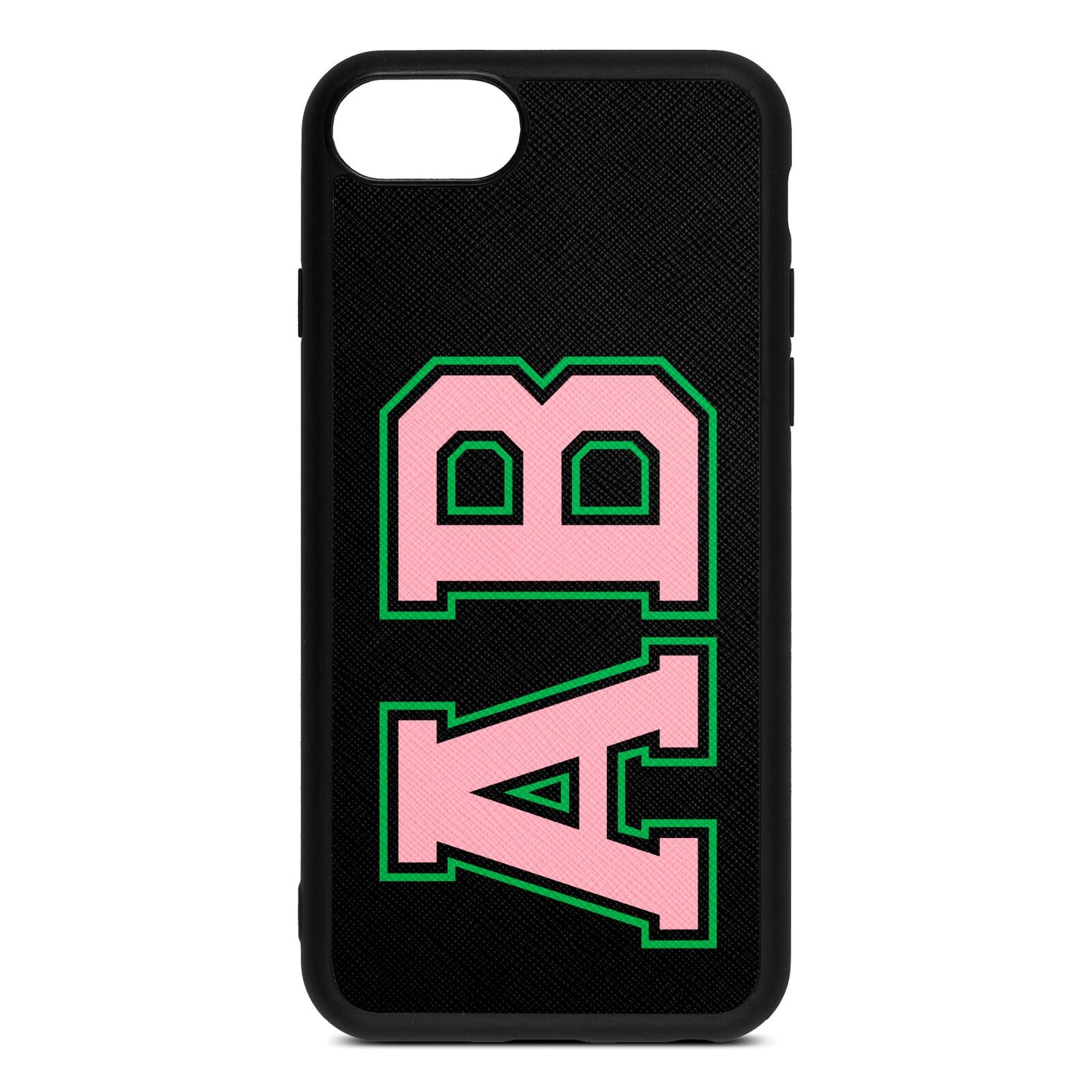 Custom Varsity Text Black Saffiano Leather iPhone 8 Case