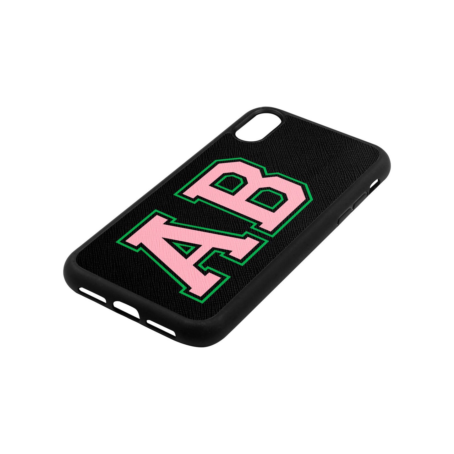 Custom Varsity Text Black Saffiano Leather iPhone Xr Case Side Angle