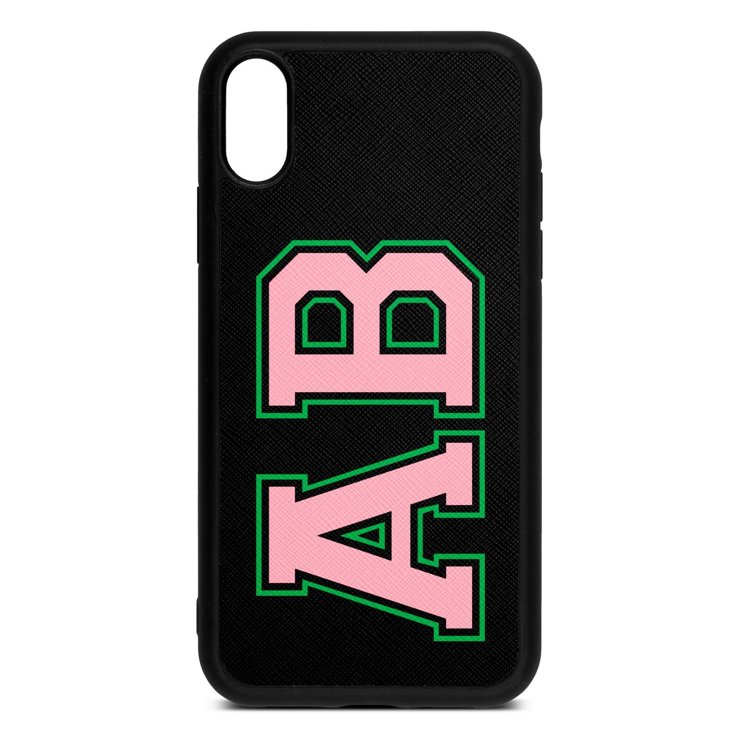 Custom Varsity Text Black Saffiano Leather iPhone Xr Case