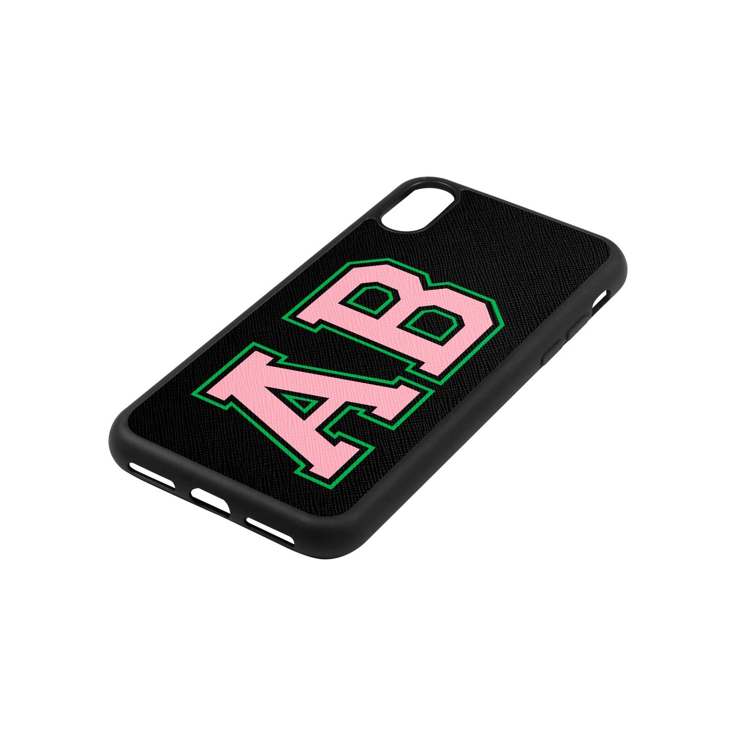 Custom Varsity Text Black Saffiano Leather iPhone Xs Case Side Angle