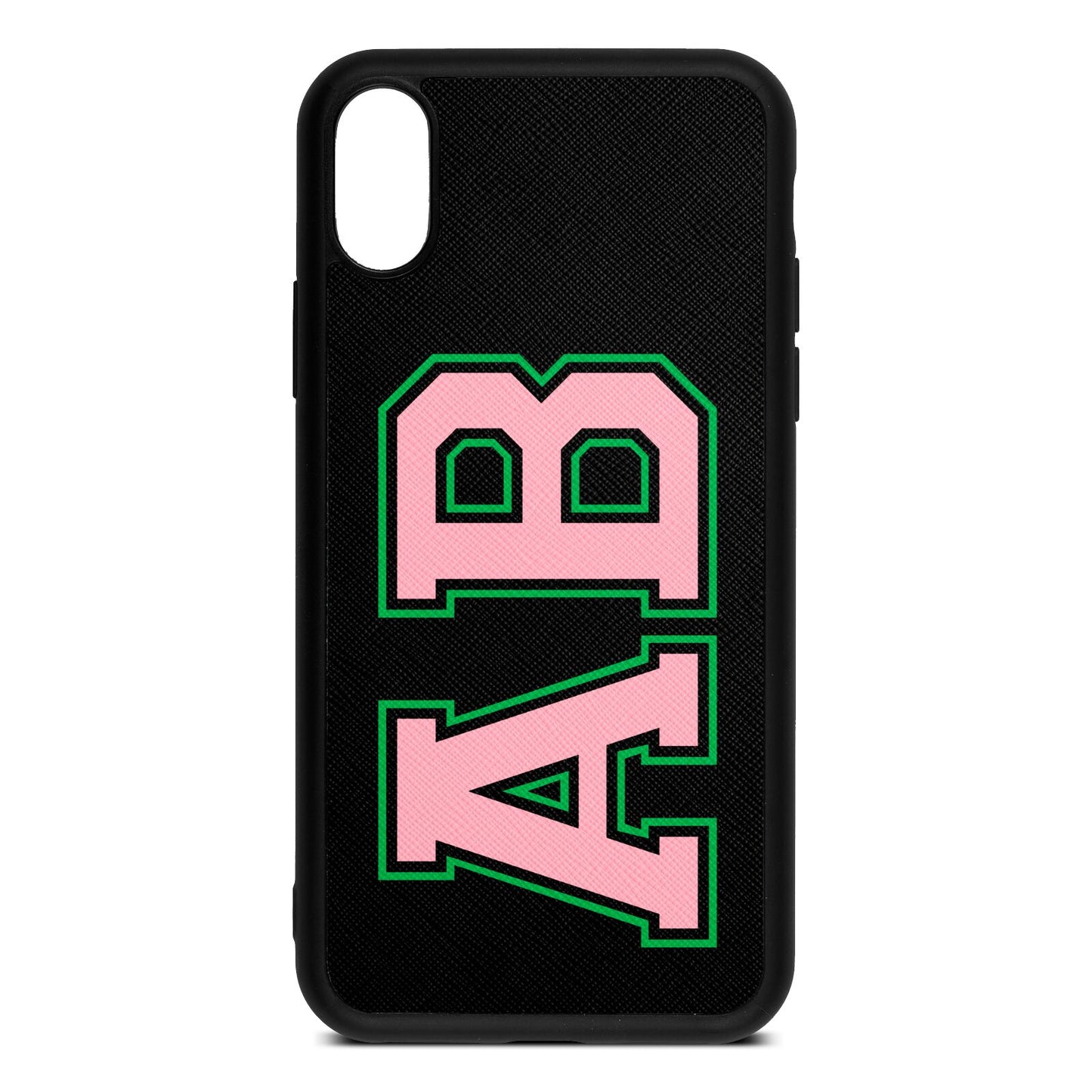 Custom Varsity Text Black Saffiano Leather iPhone Xs Case