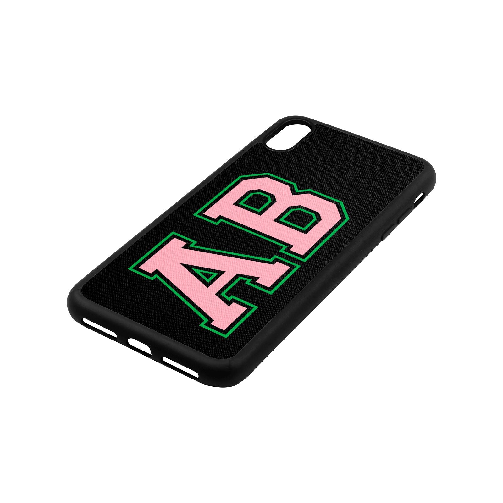 Custom Varsity Text Black Saffiano Leather iPhone Xs Max Case Side Angle