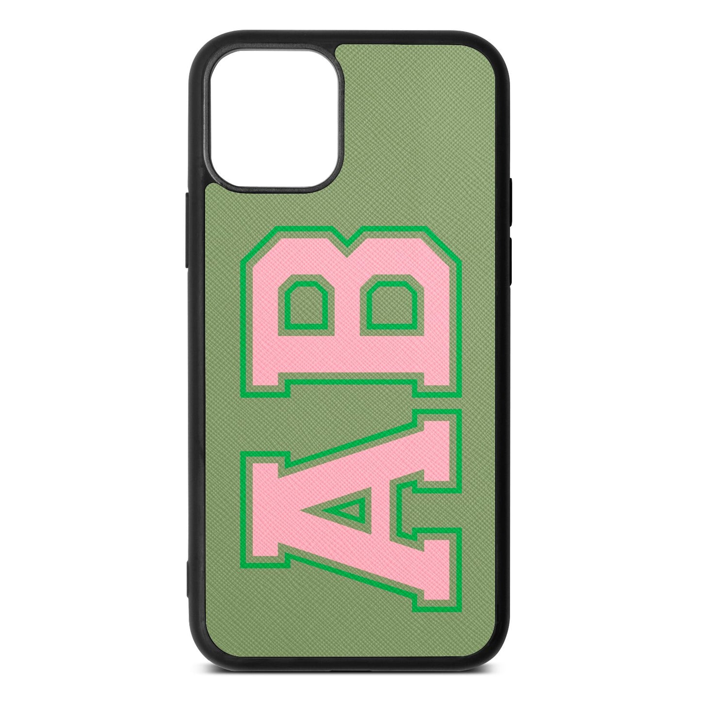 Custom Varsity Text Lime Saffiano Leather iPhone 11 Case