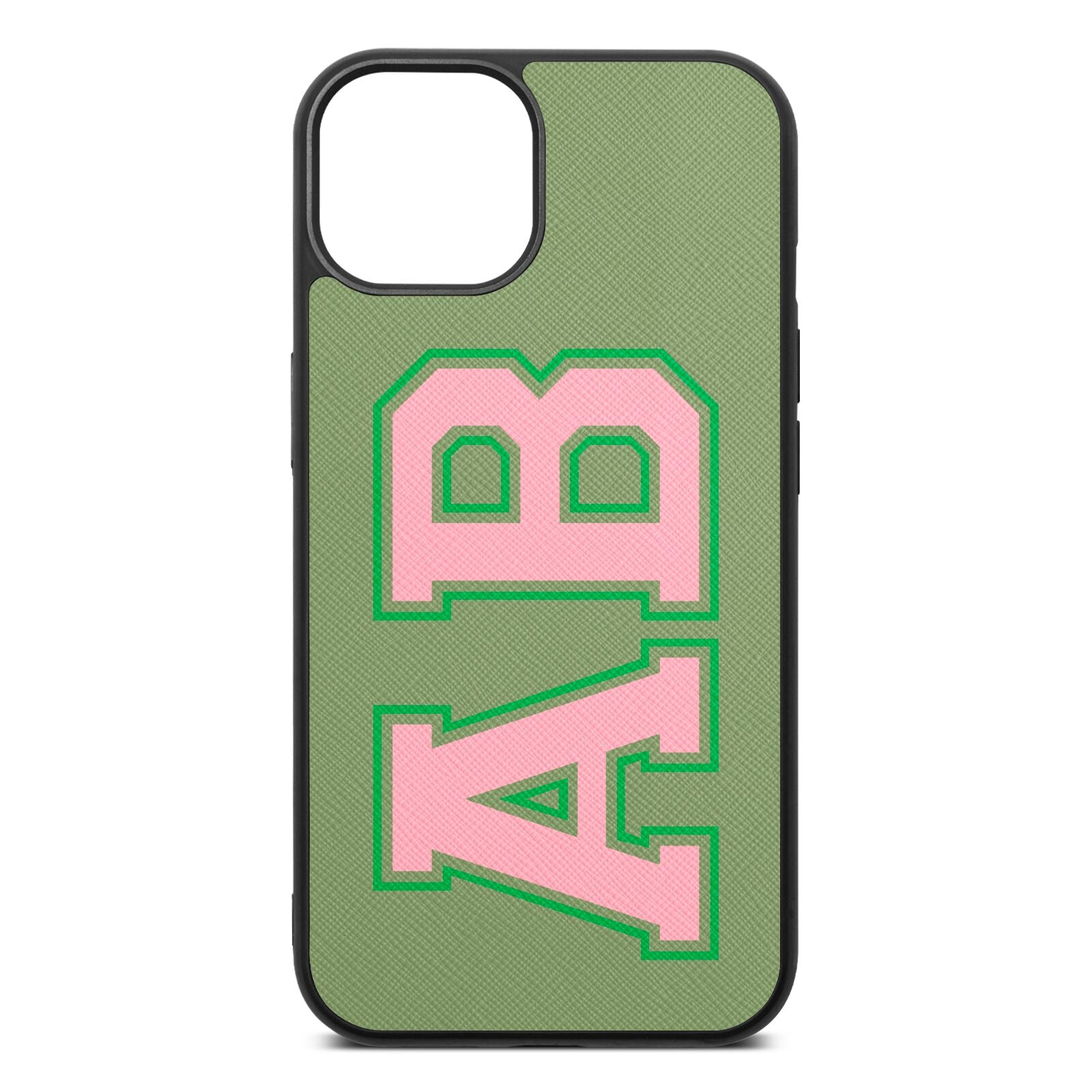 Custom Varsity Text Lime Saffiano Leather iPhone 13 Case