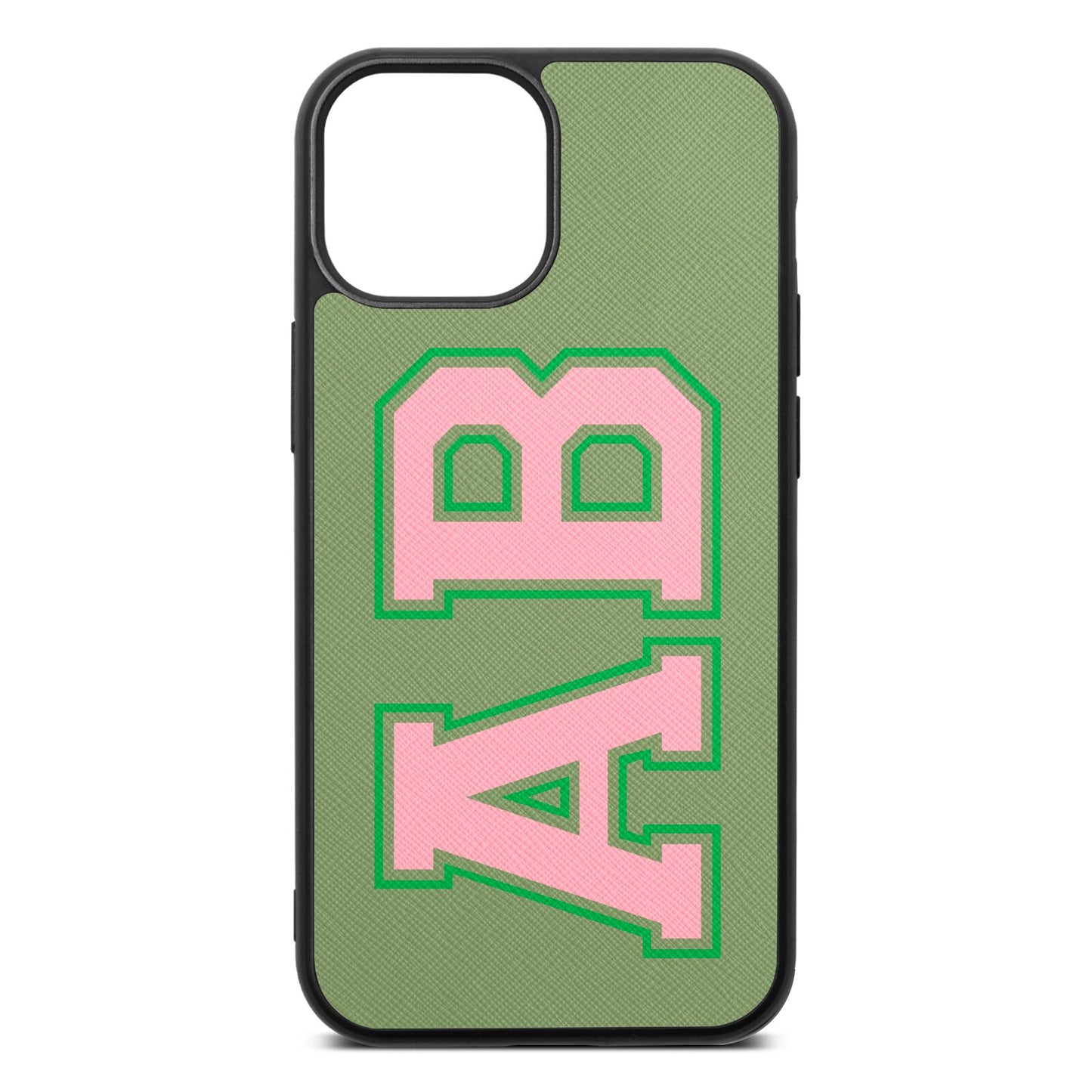 Custom Varsity Text Lime Saffiano Leather iPhone 13 Mini Case