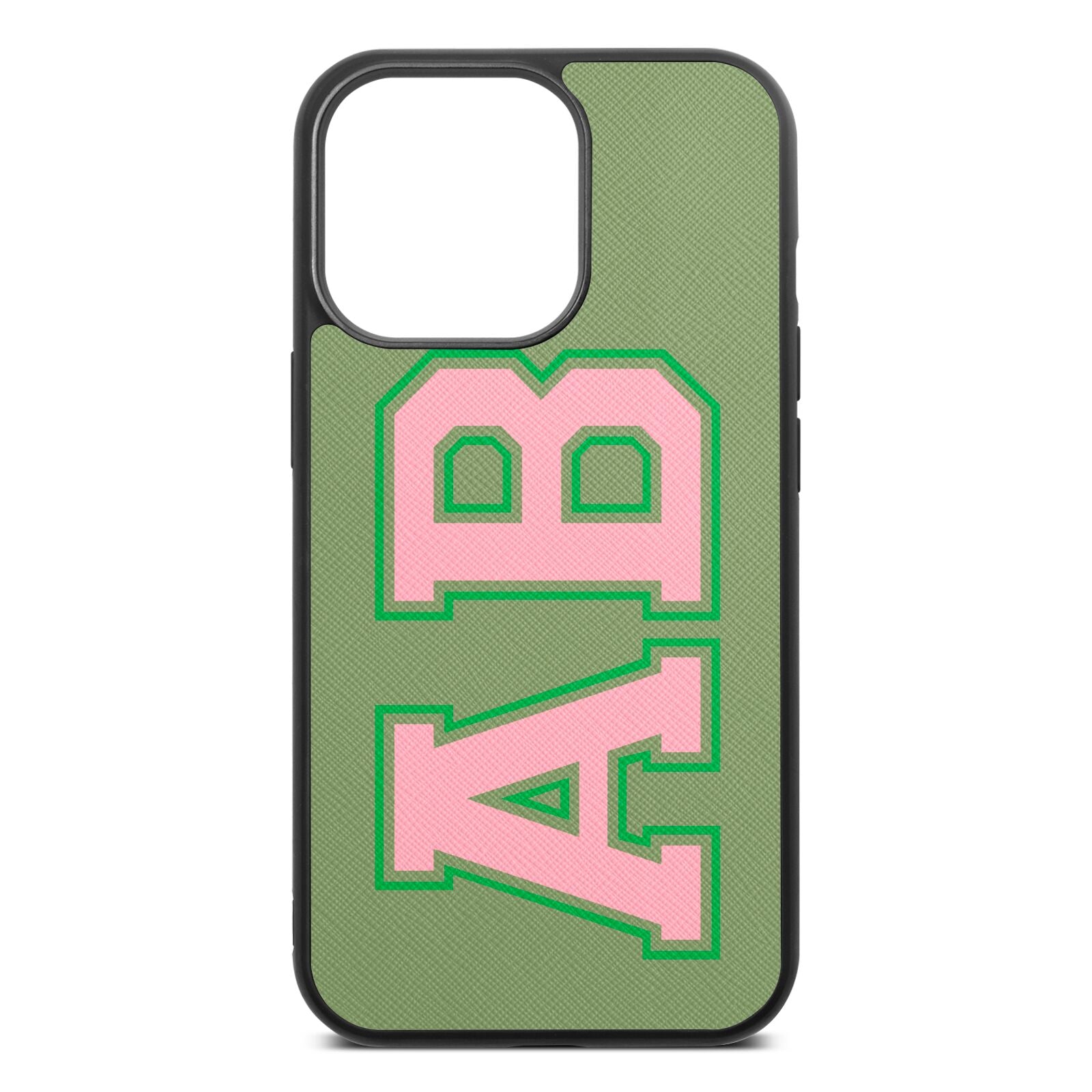 Custom Varsity Text Lime Saffiano Leather iPhone 13 Pro Case