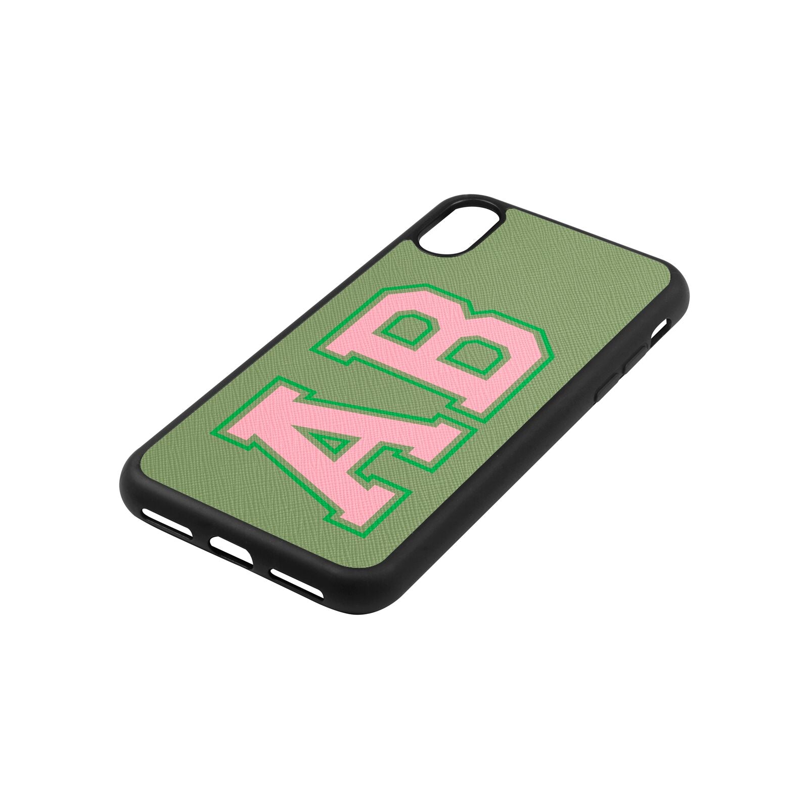 Custom Varsity Text Lime Saffiano Leather iPhone Xs Case Side Angle