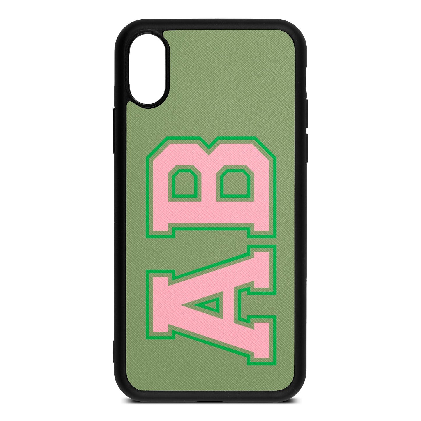 Custom Varsity Text Lime Saffiano Leather iPhone Xs Case