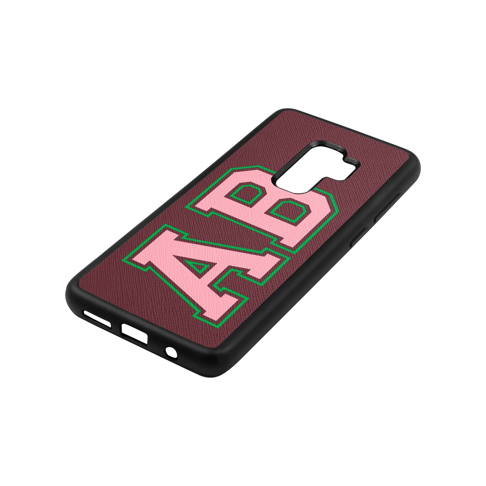 Custom Varsity Text Rose Brown Saffiano Leather Samsung S9 Plus Case Side Angle