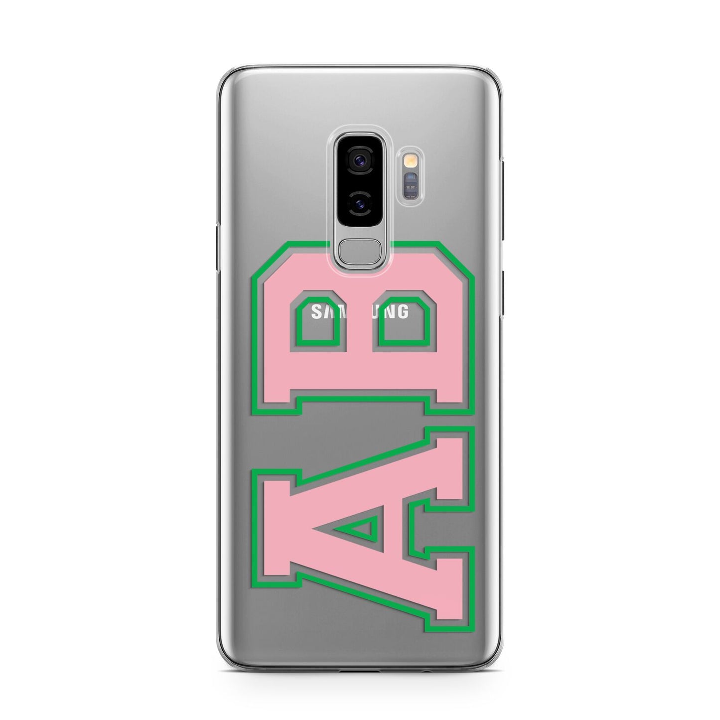 Custom Varsity Text Samsung Galaxy S9 Plus Case on Silver phone