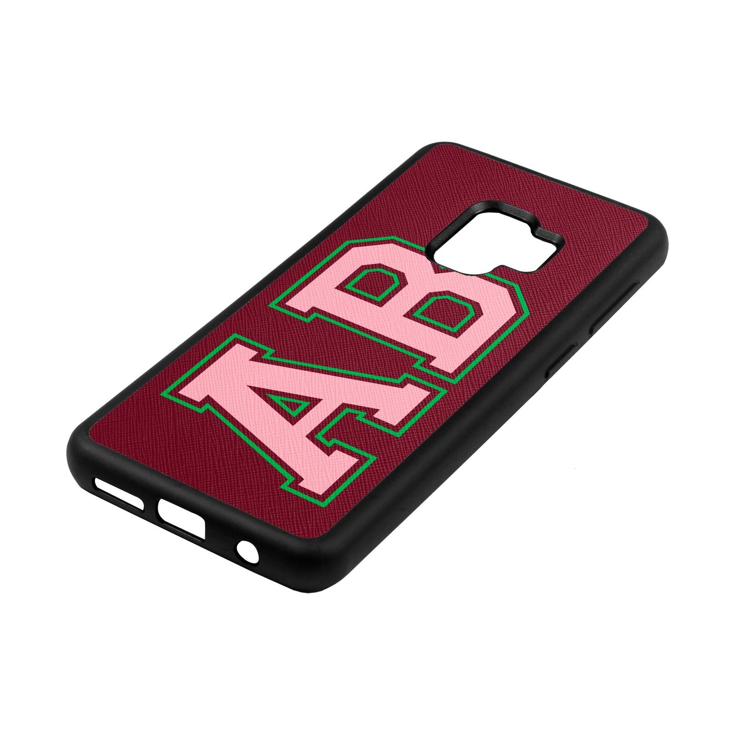 Custom Varsity Text Wine Red Saffiano Leather Samsung S9 Case Side Angle