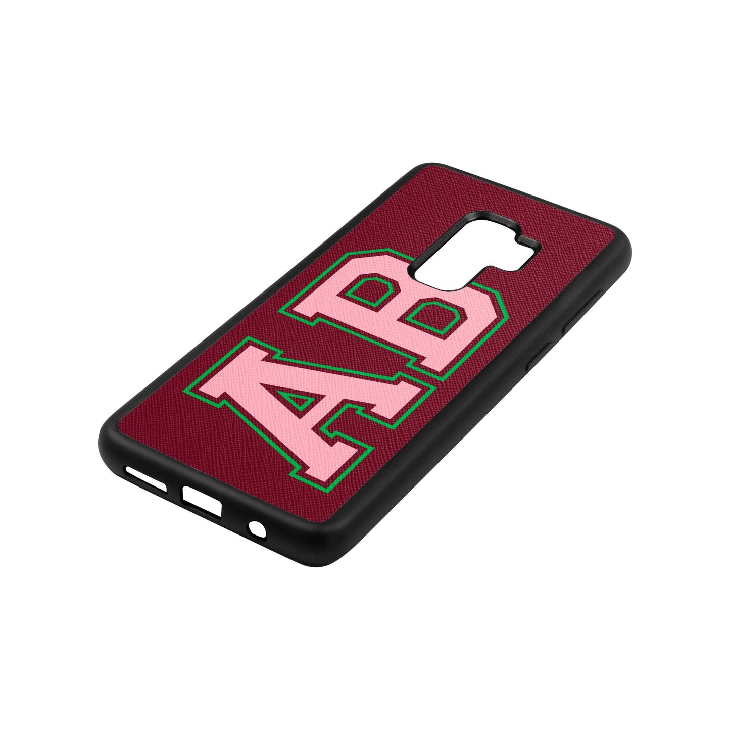 Custom Varsity Text Wine Red Saffiano Leather Samsung S9 Plus Case Side Angle