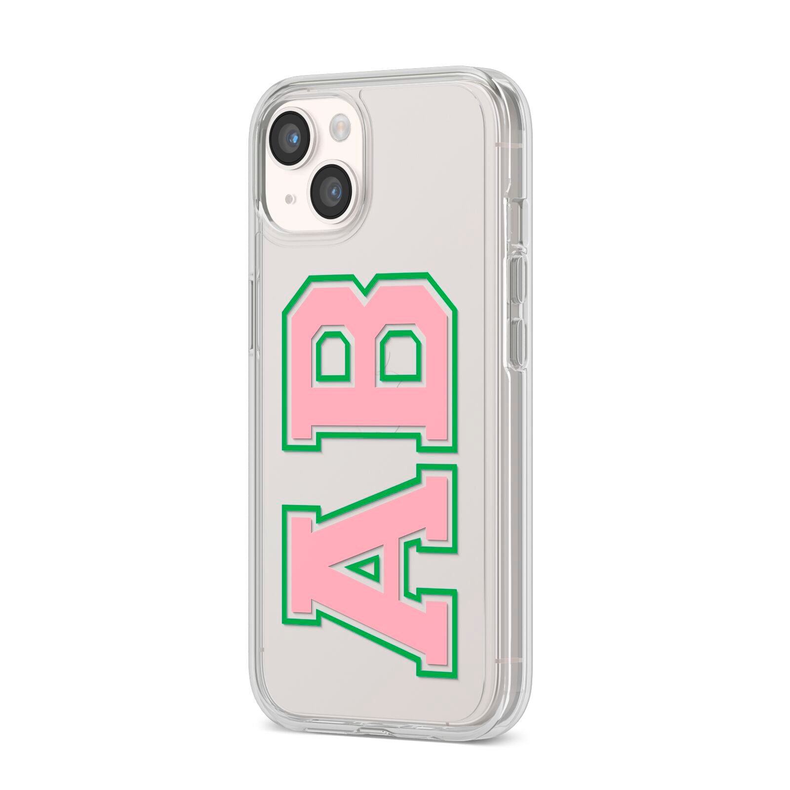 Custom Varsity Text iPhone 14 Clear Tough Case Starlight Angled Image