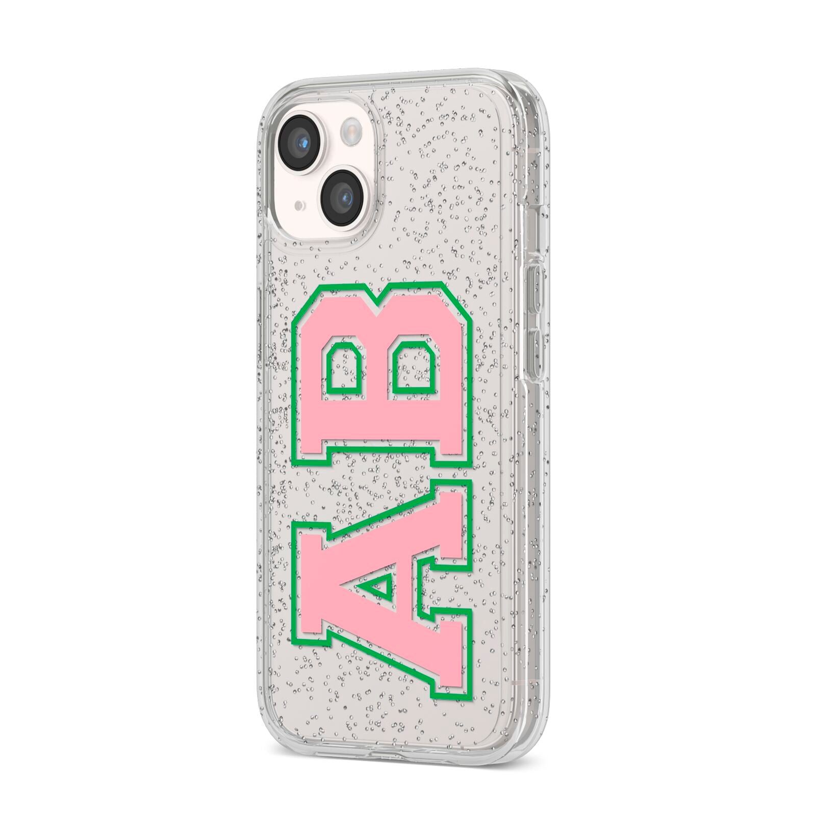 Custom Varsity Text iPhone 14 Glitter Tough Case Starlight Angled Image