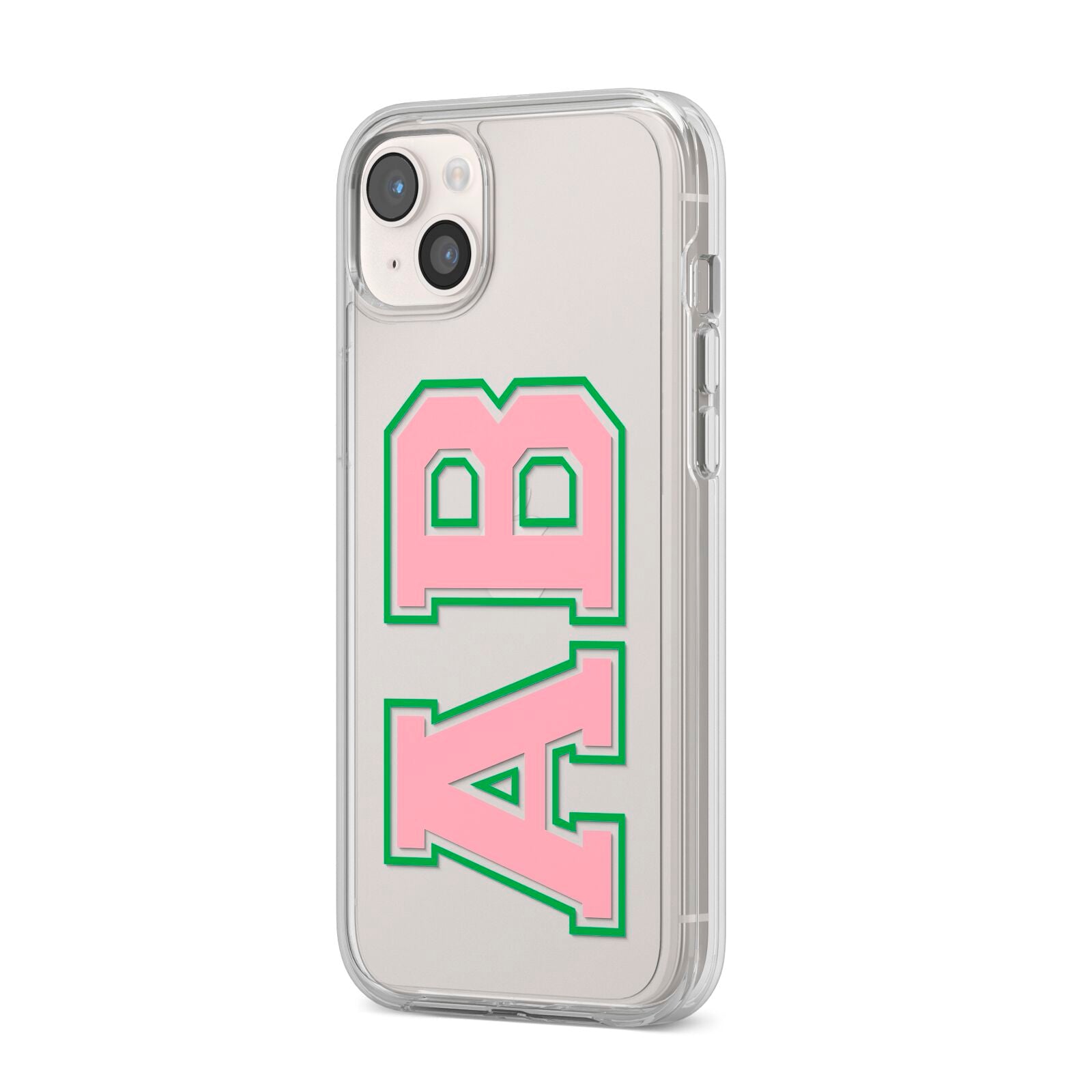 Custom Varsity Text iPhone 14 Plus Clear Tough Case Starlight Angled Image