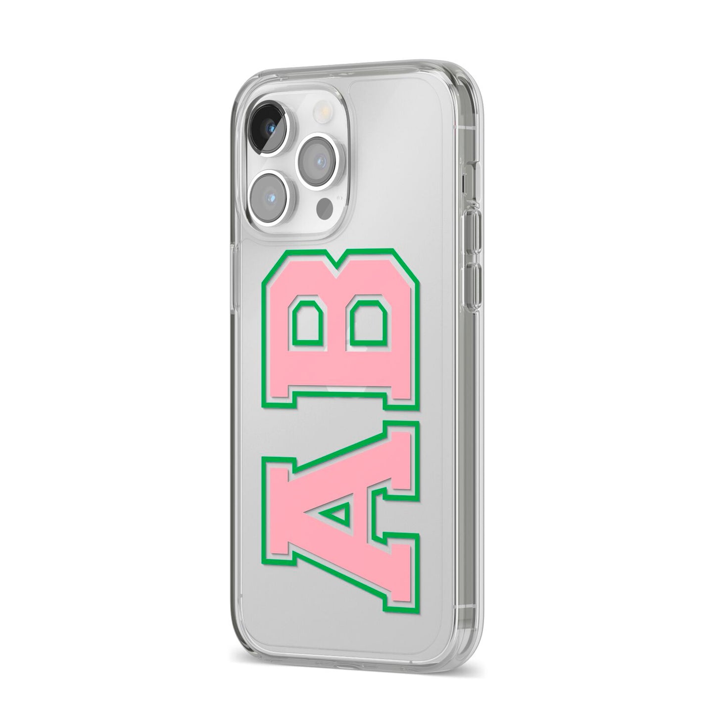 Custom Varsity Text iPhone 14 Pro Max Clear Tough Case Silver Angled Image