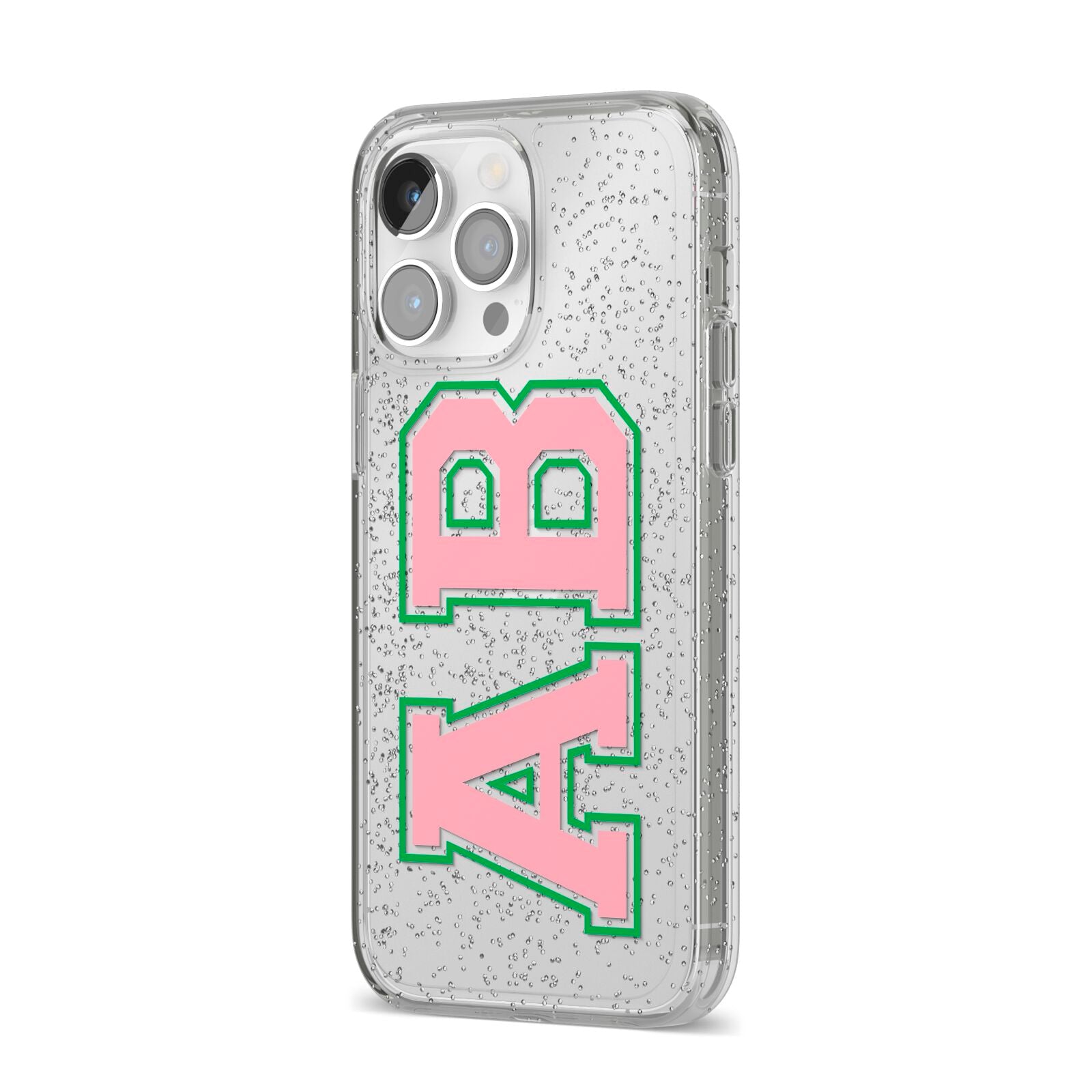 Custom Varsity Text iPhone 14 Pro Max Glitter Tough Case Silver Angled Image