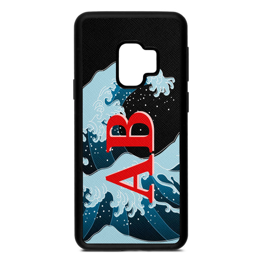 Custom Wave Initials Black Saffiano Leather Samsung S9 Case