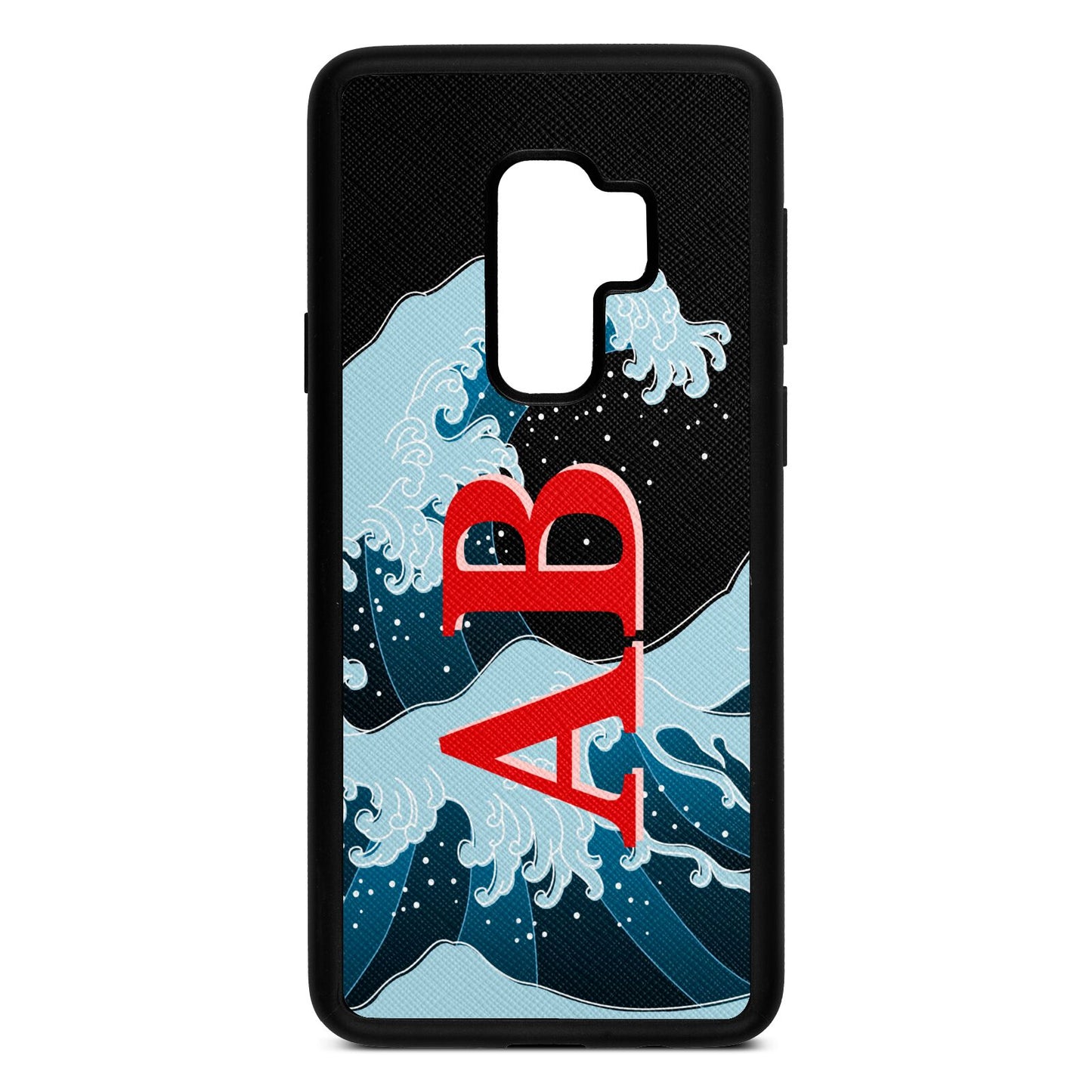 Custom Wave Initials Black Saffiano Leather Samsung S9 Plus Case