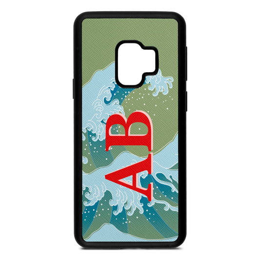 Custom Wave Initials Lime Saffiano Leather Samsung S9 Case