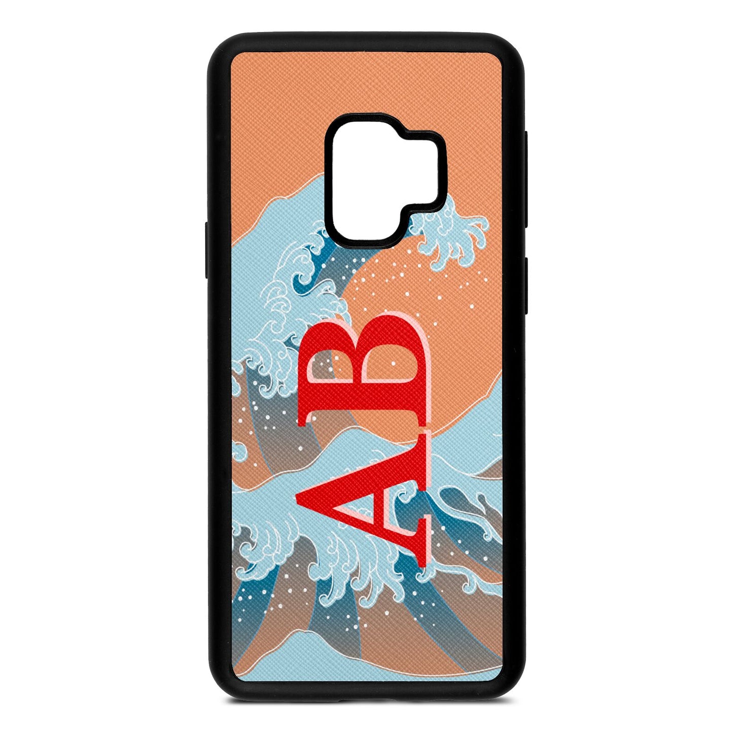 Custom Wave Initials Orange Saffiano Leather Samsung S9 Case