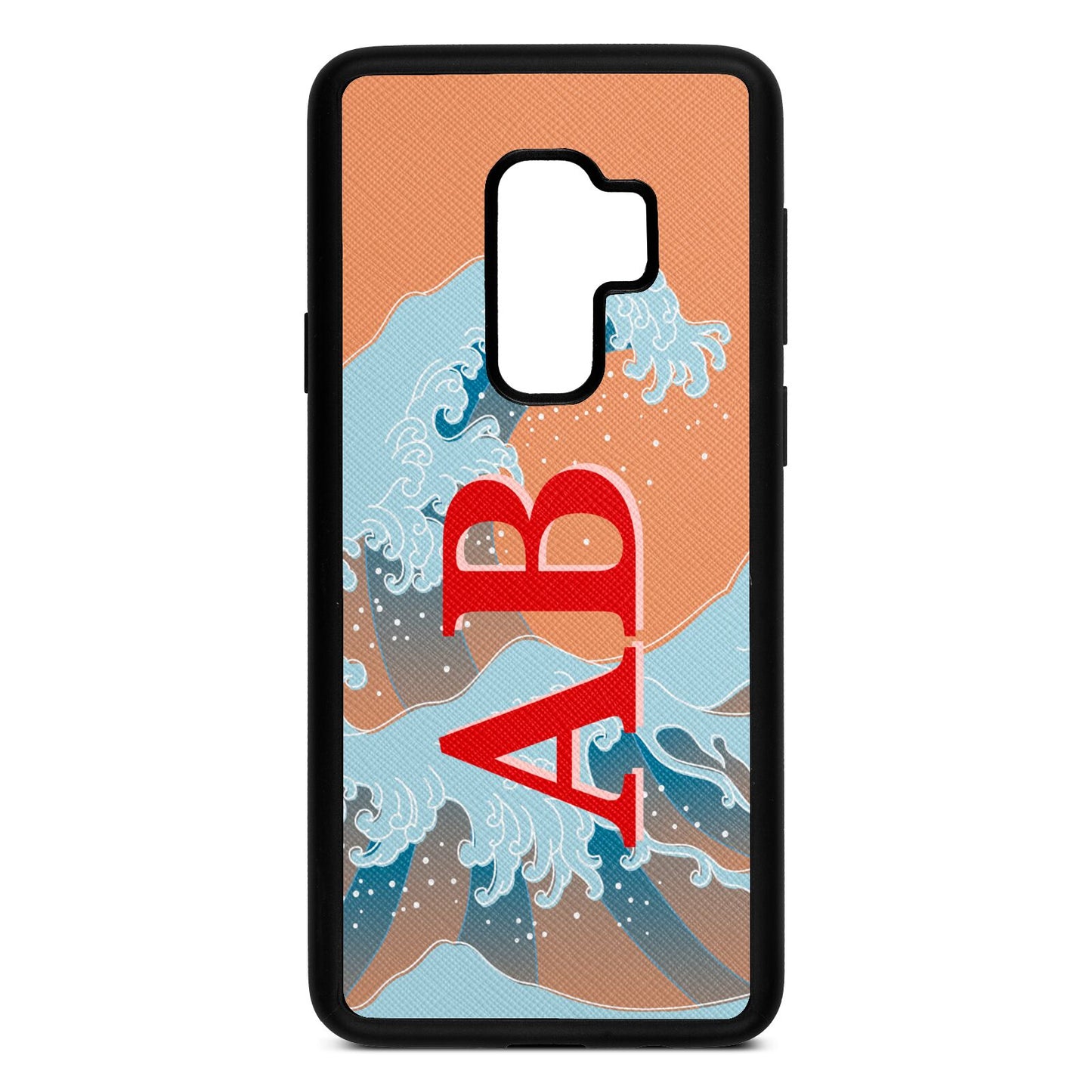 Custom Wave Initials Orange Saffiano Leather Samsung S9 Plus Case